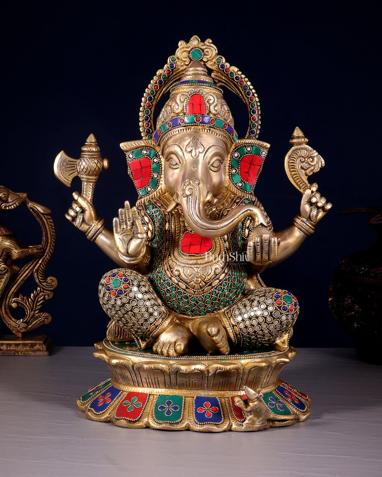 Brass Superfine Ganesha Statue on Lotus Base - 15 Inch multicolour - Sama Homes Idol - Brass Sculpture