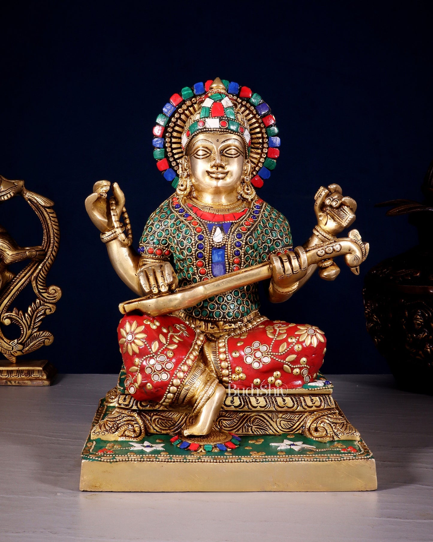 Pure Brass Goddess Saraswati Statue 12 Inch multicolour - Sama Homes Idol - Brass Sculpture