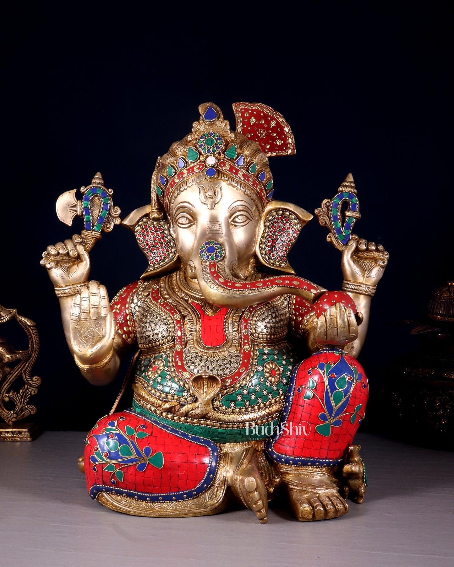 Ganesha Brass large statue 21 inch with stonework - Sama Homes Idol - Brass Sculpture