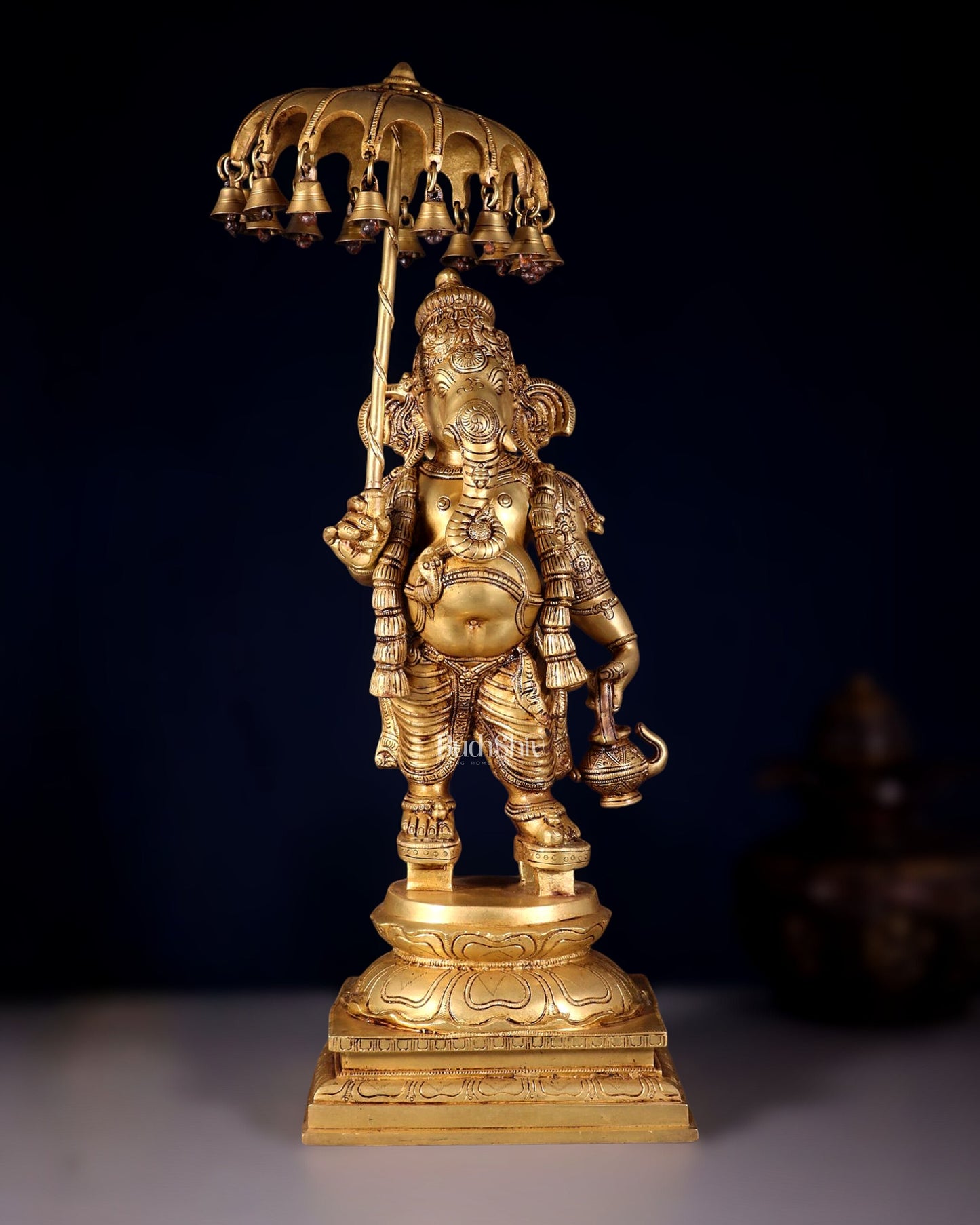 Brass Lord Ganesha Holding an Umbrella and Kamandalu Sculpture 25.5" | 100% Certified Copper & Brass - Sama Homes Idol - Brass Sculpture