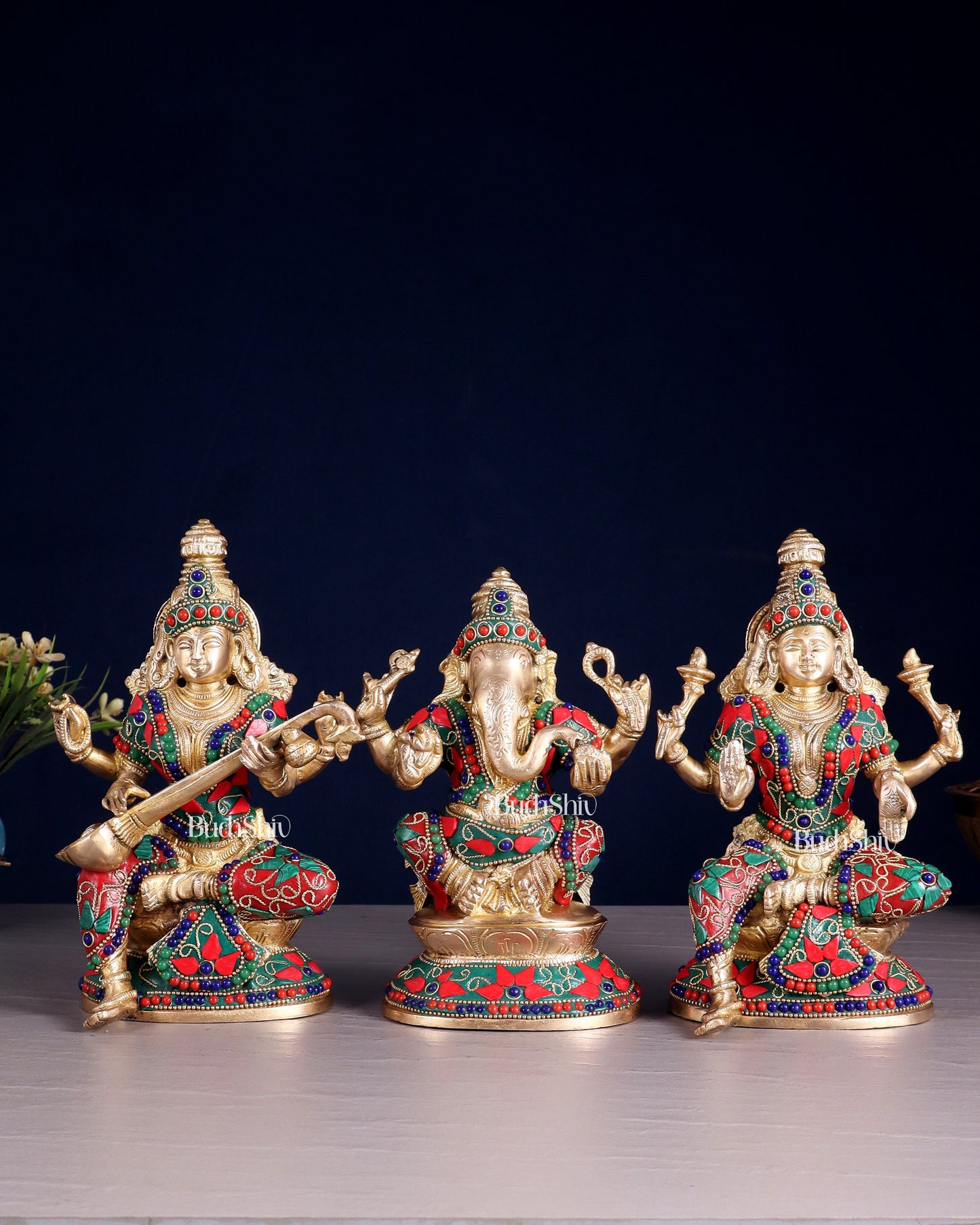 Pure Brass Ganesh Lakshmi Saraswati Idols – Floral Meenakari Stonework 8" - Sama Homes Idol - Brass Sculpture