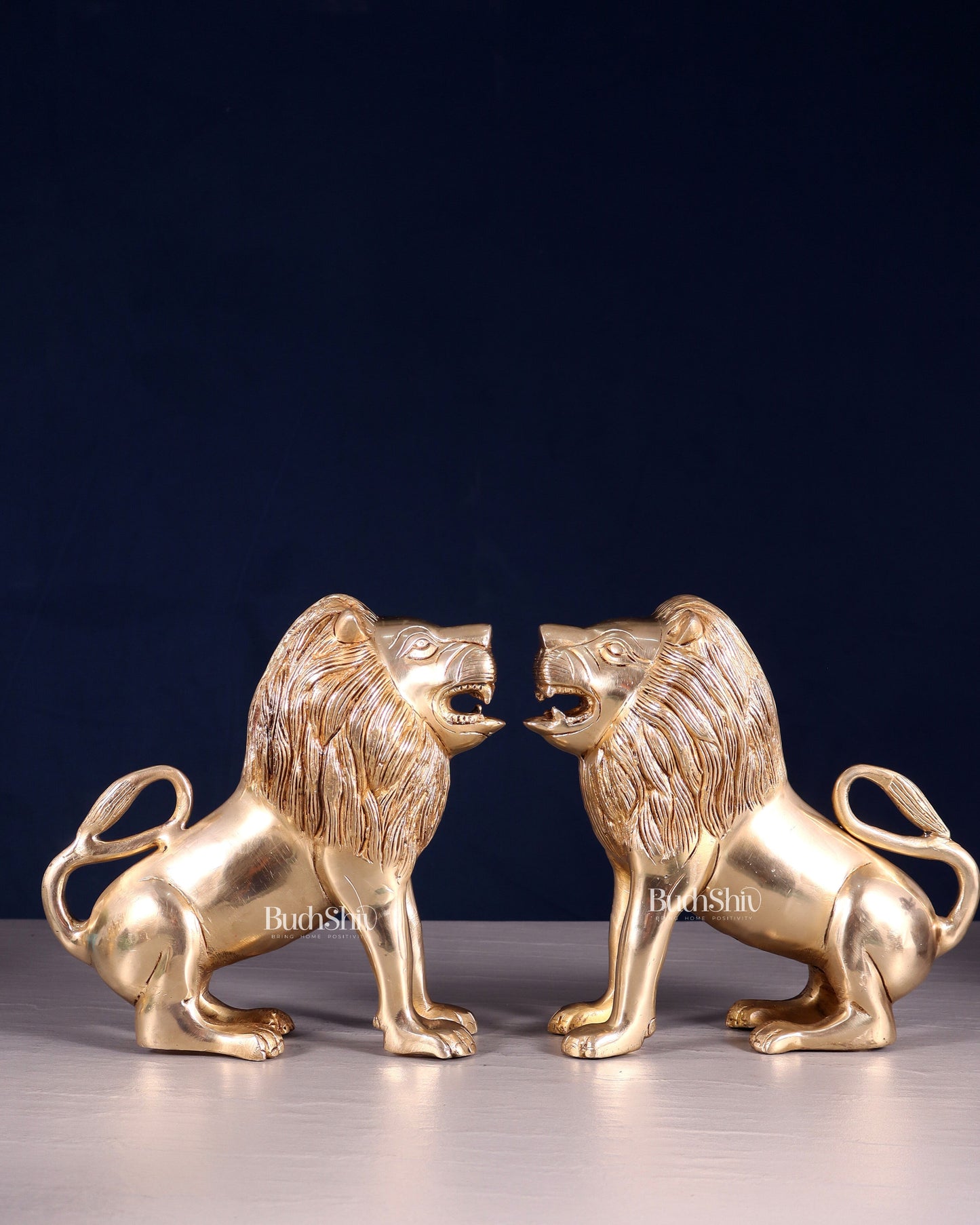 Brass Pair of Sitting Roaring Lion Showpieces – Vastu & Feng Shui Recommended