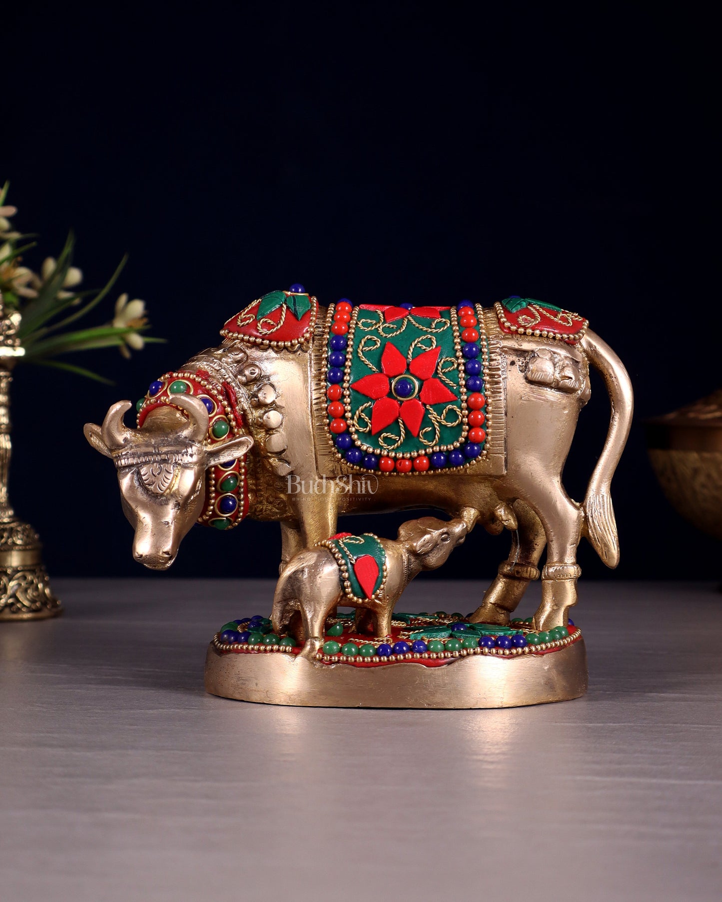 Brass Kamdhenu Cow with Calf Idol – 3.8 Inch with floral stonework