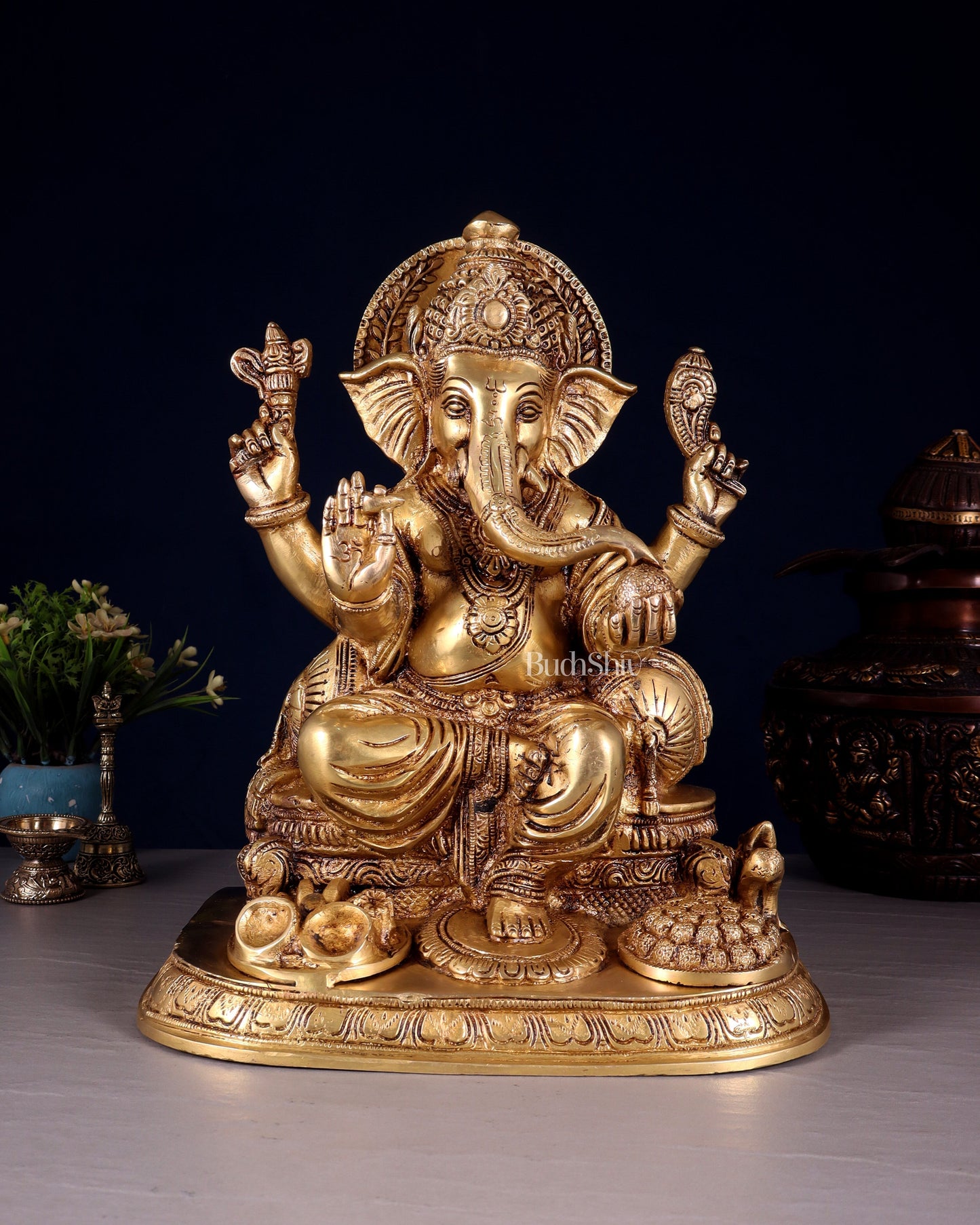 Ganesha Brass statue 13 inch enhanced carvings - Sama Homes Idol - Brass Sculpture