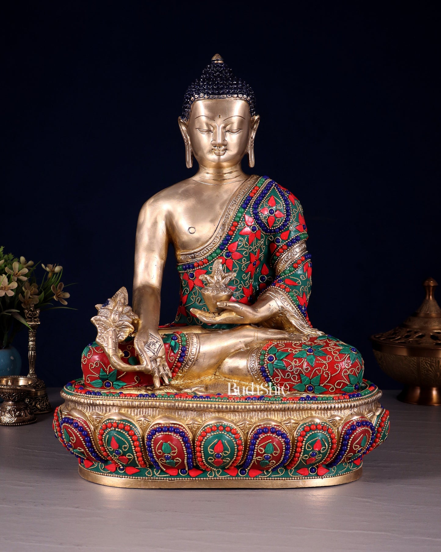 Pure Brass Buddha medicine Floral Stonework Statue - 13.5" - Sama Homes Idol - Brass Sculpture