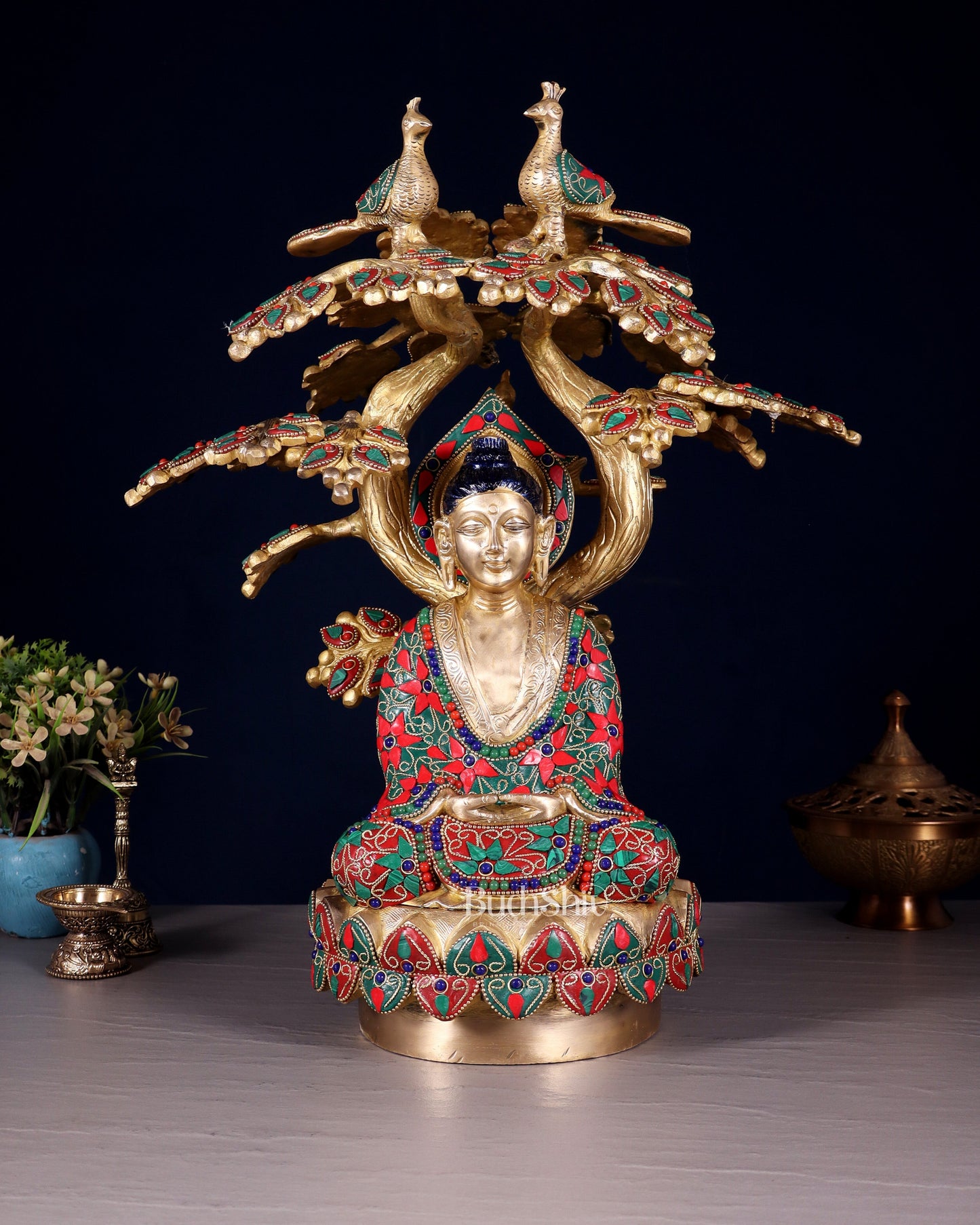 Exquisite Brass Buddha Under Tree Statue - 16.5" Floral stonework - Sama Homes Idol - Brass Sculpture