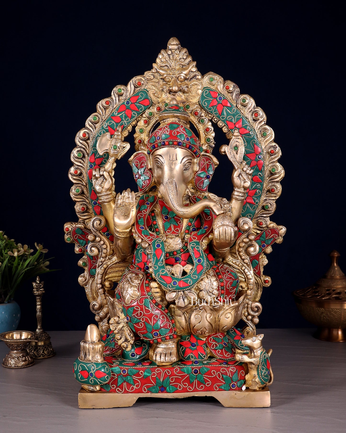 Handcrafted Ganesha Statue 18 inch floral stonework - Sama Homes Idol - Brass Sculpture