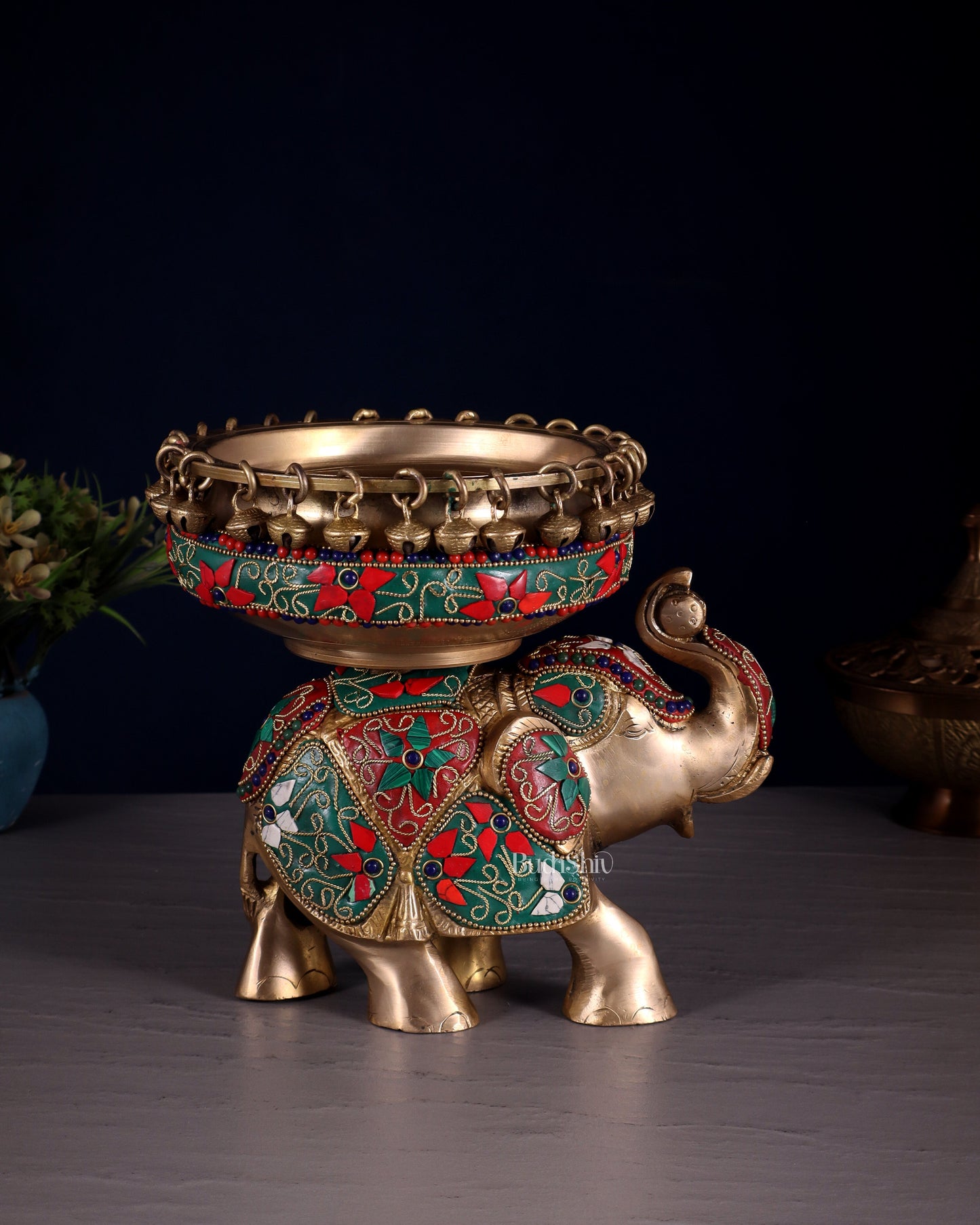 Engraved Elephant brass urli floral stonework 7" â Sama Homes