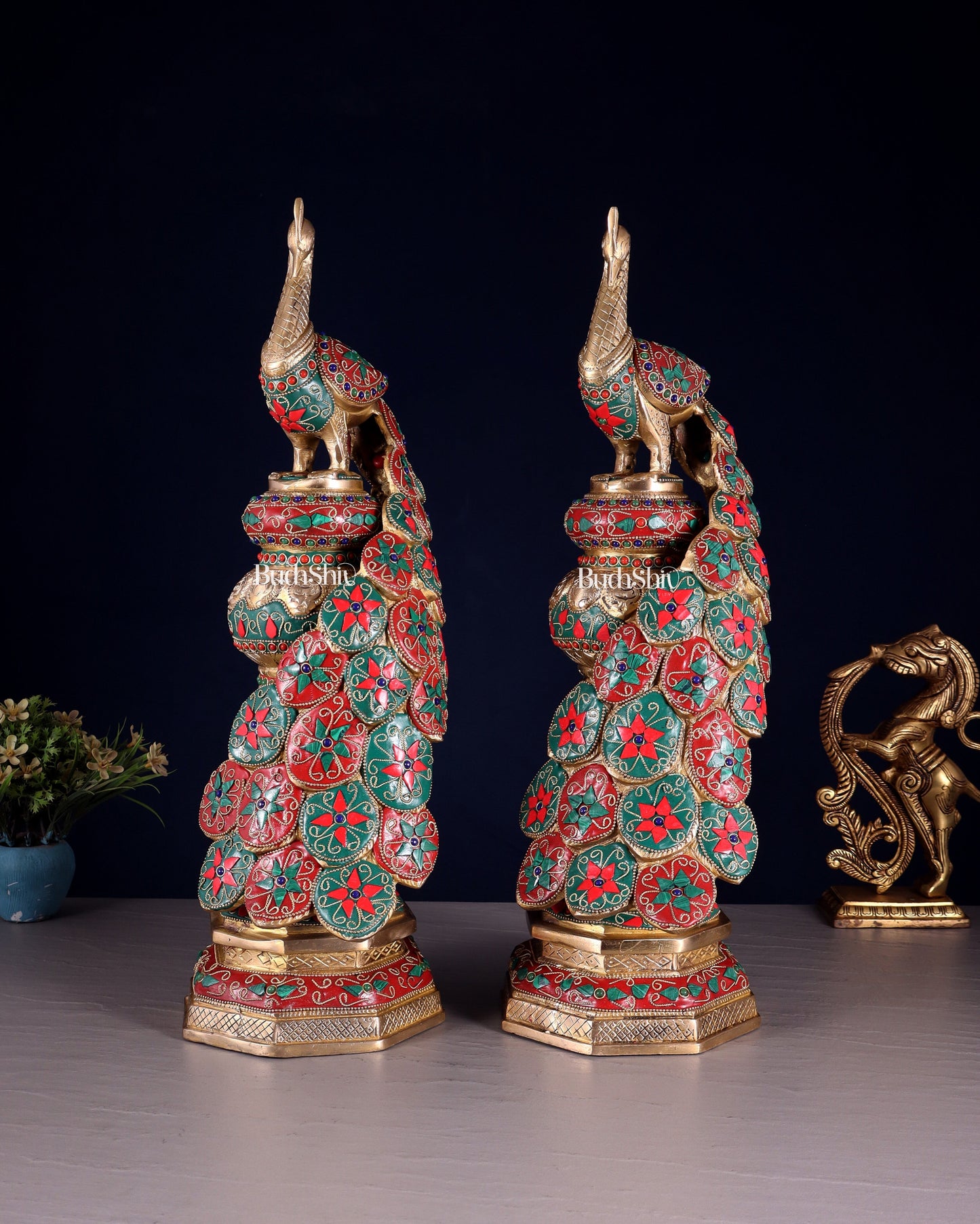 Large brass Peacock Showpiece floral stonework - 20 Inch pair