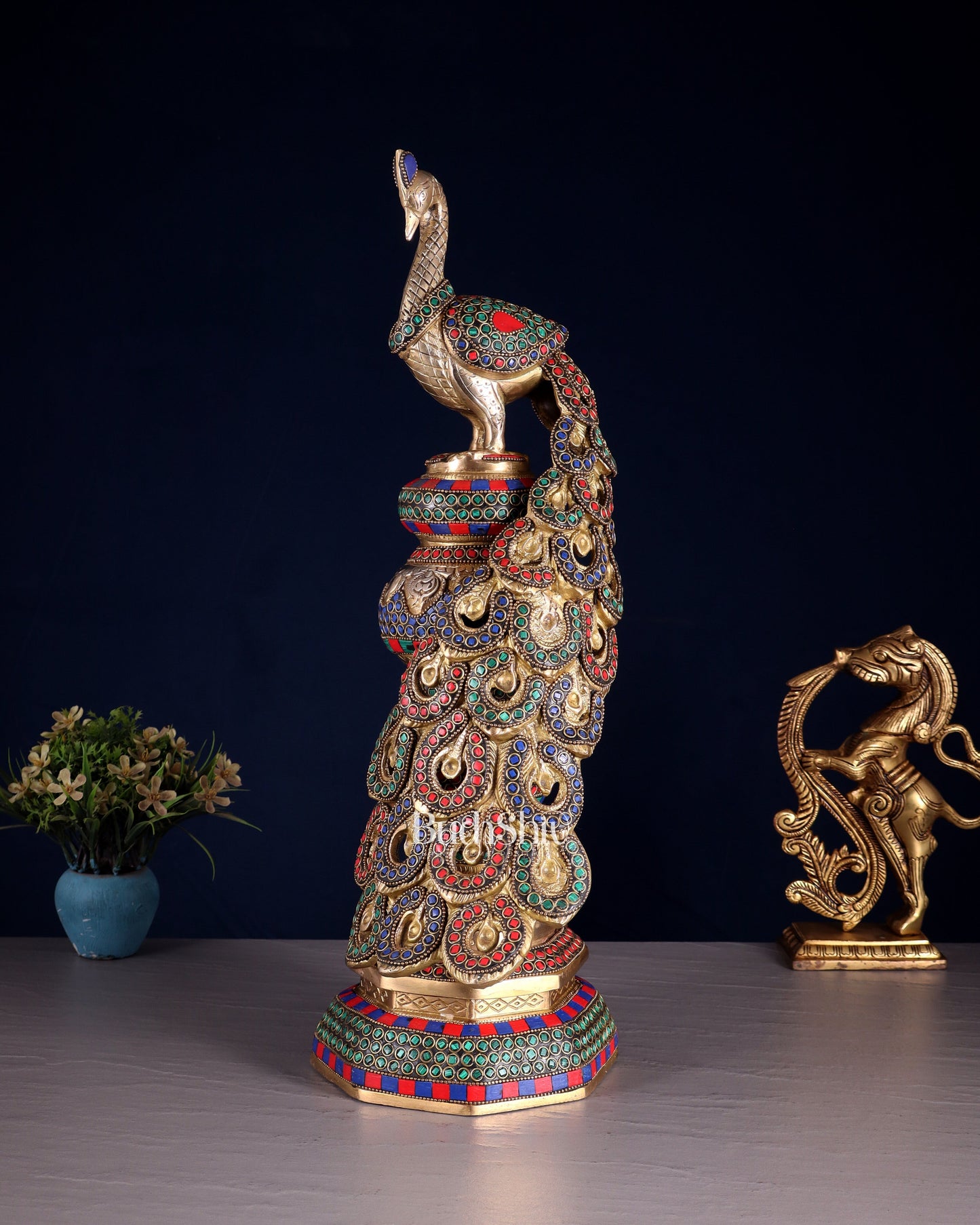 Large brass Peacock Showpiece with ring stonework - 20 Inch