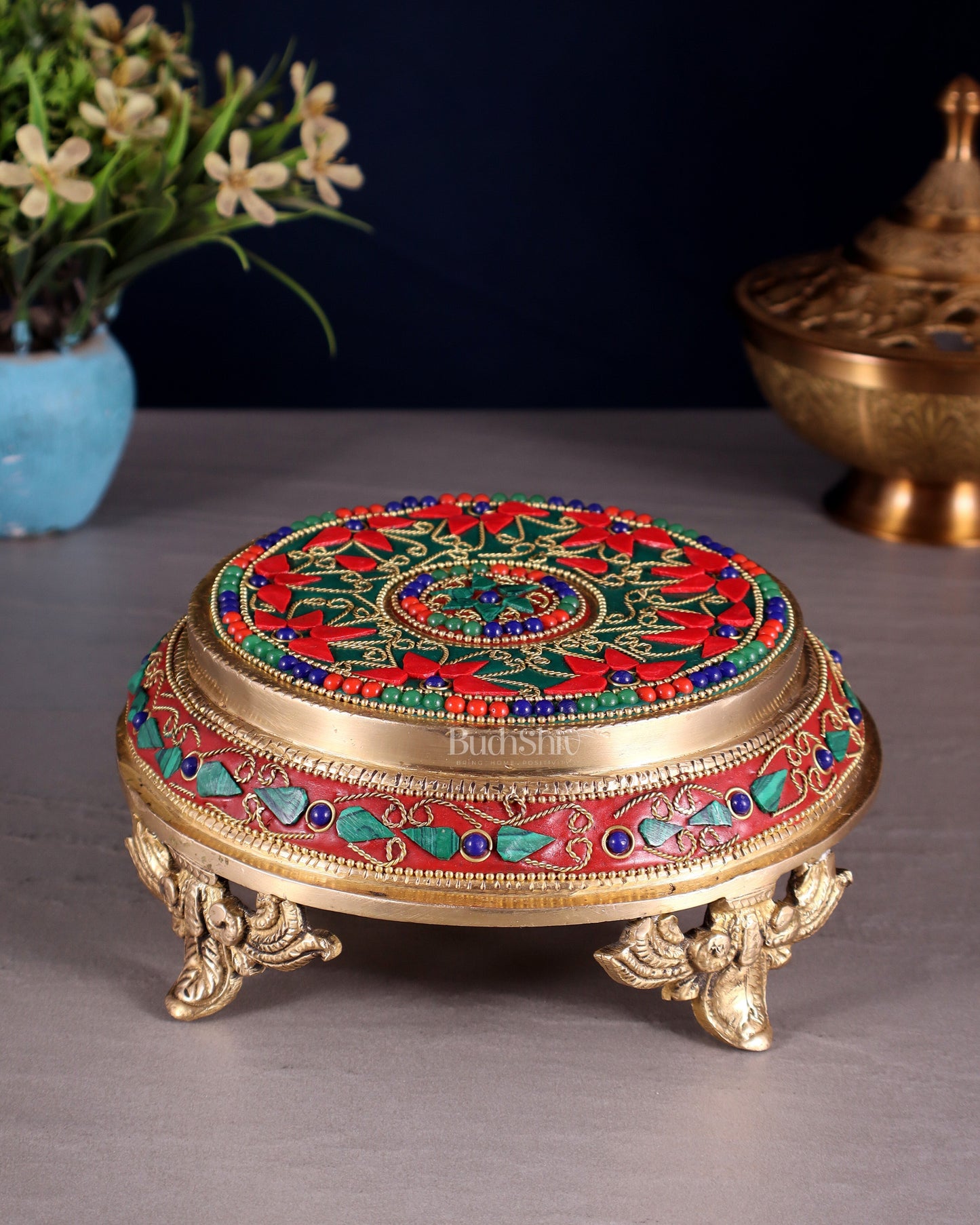 Pure Brass Chowki with Floral Stonework for Idols 7"