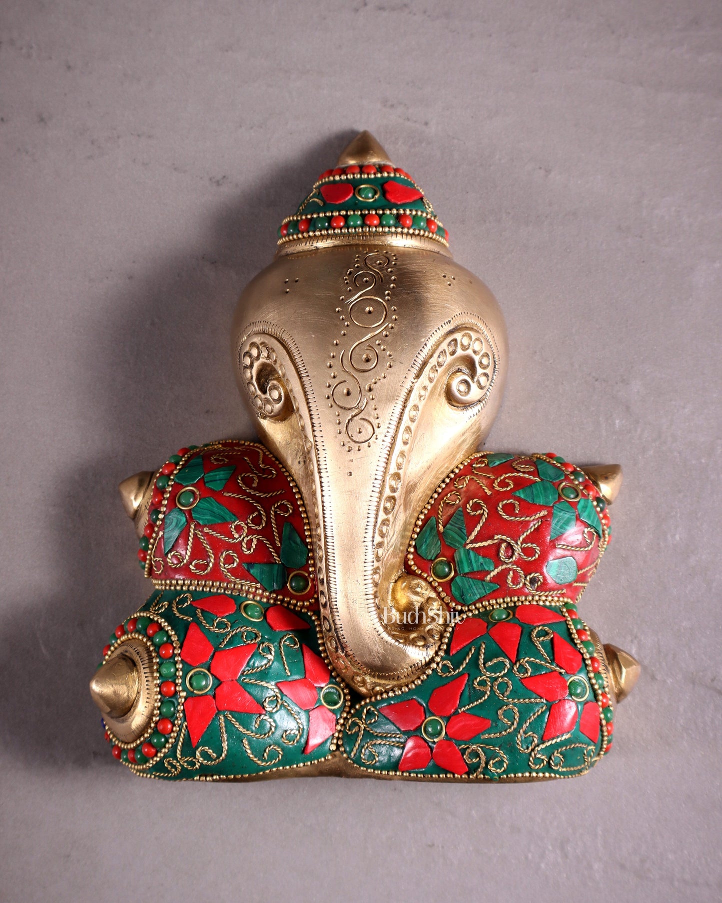 Pure Brass Abstract Lord Ganesha Wall Hanging with Floral Stonework 7" - Sama Homes Idol - Brass Sculpture