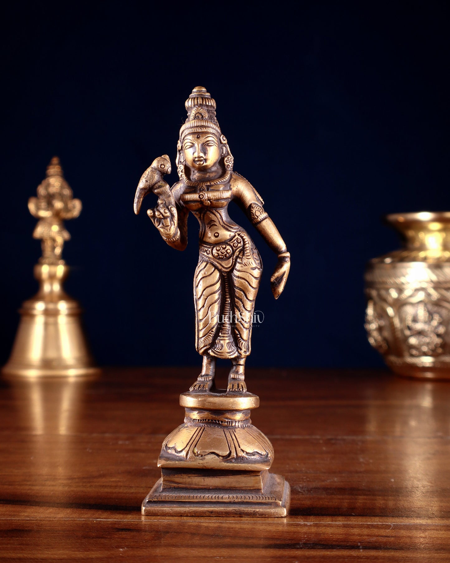 Pure Brass Goddess Meenakshi Idol 6" antique finish - Sama Homes Idol - Brass Sculpture