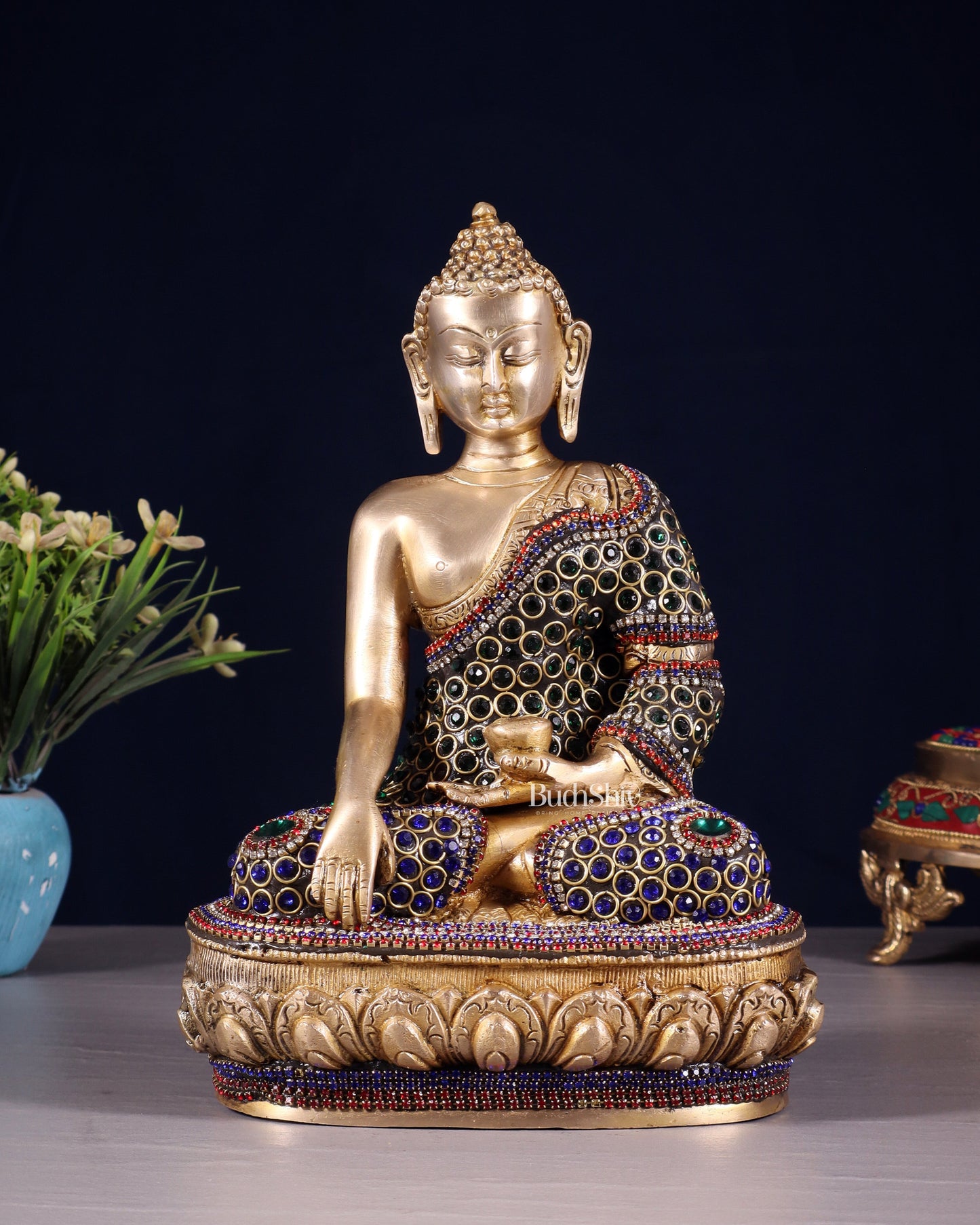 Brass Buddha bhoomisparsha Idol - 9 Inch jewellers meenakari | 100% Certified Copper & Brass - Sama Homes Idol - Brass Sculpture