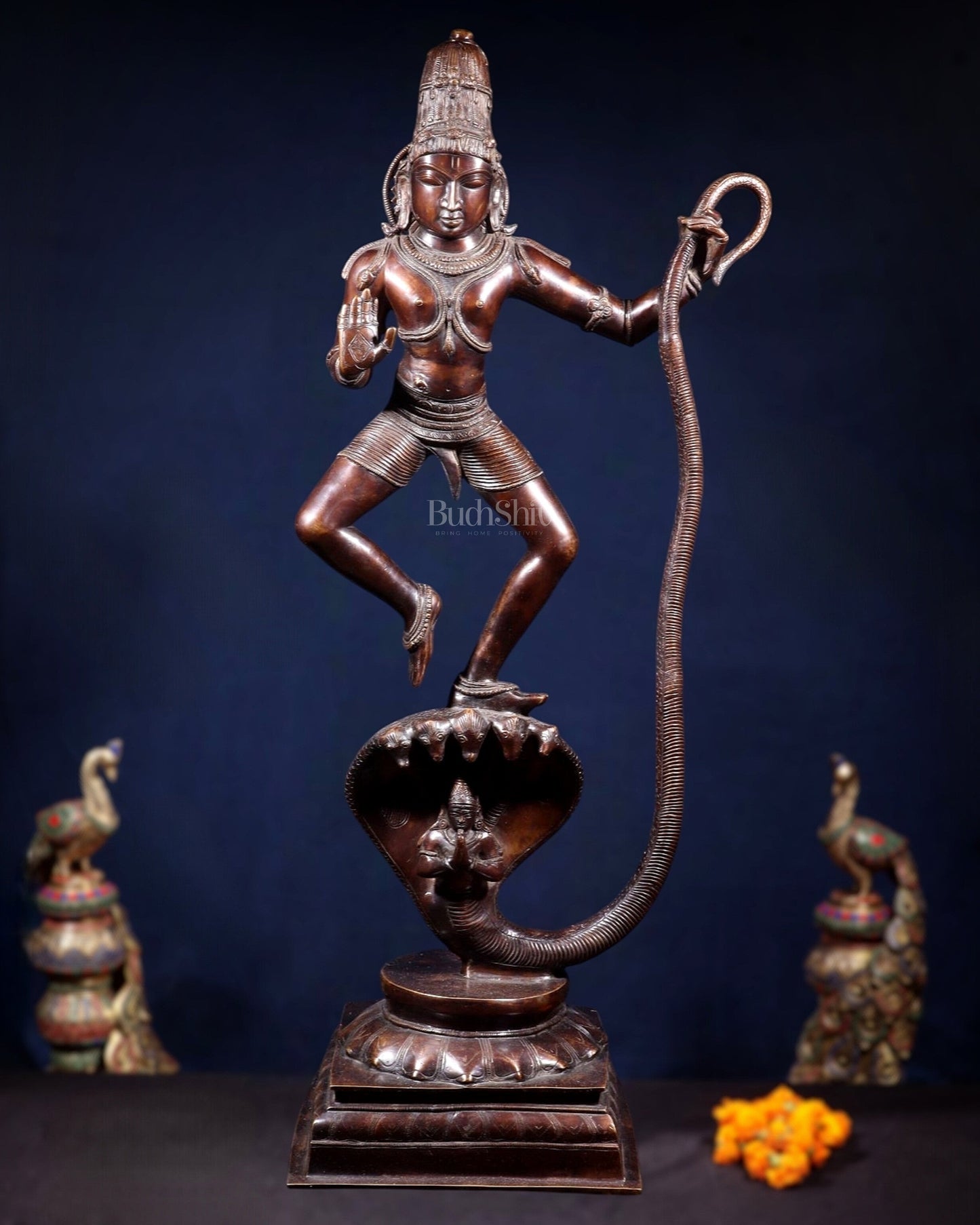 Large Brass Krishna Dancing on Kaliya Naag – 42” Chola Replica - Sama Homes Idol - Brass Sculpture