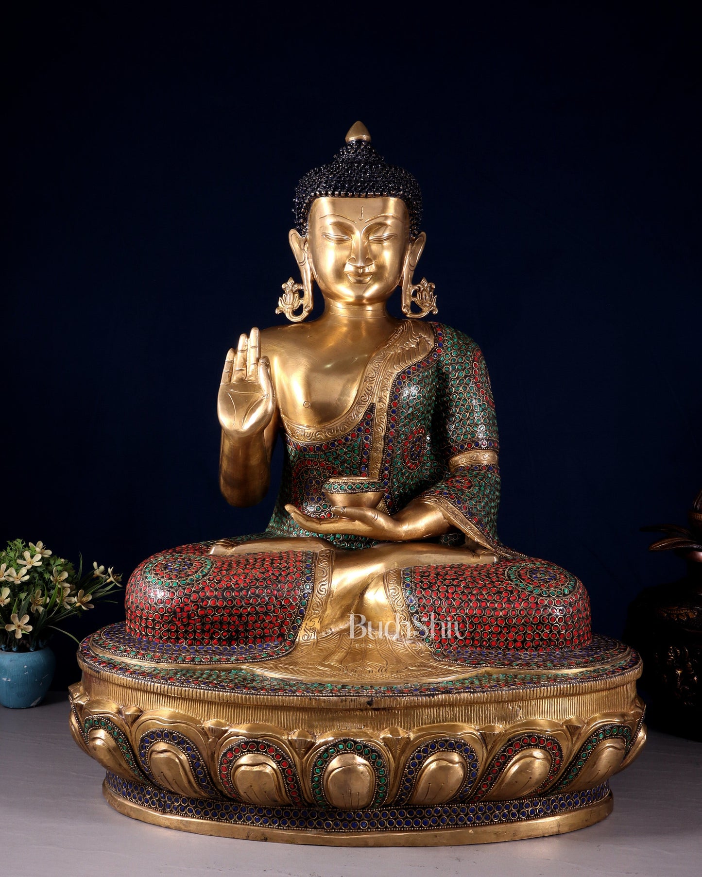 Brass Buddha Statue with Unique Rings and Stonework 23" | 100% Certified Copper & Brass - Sama Homes Idol - Brass Sculpture