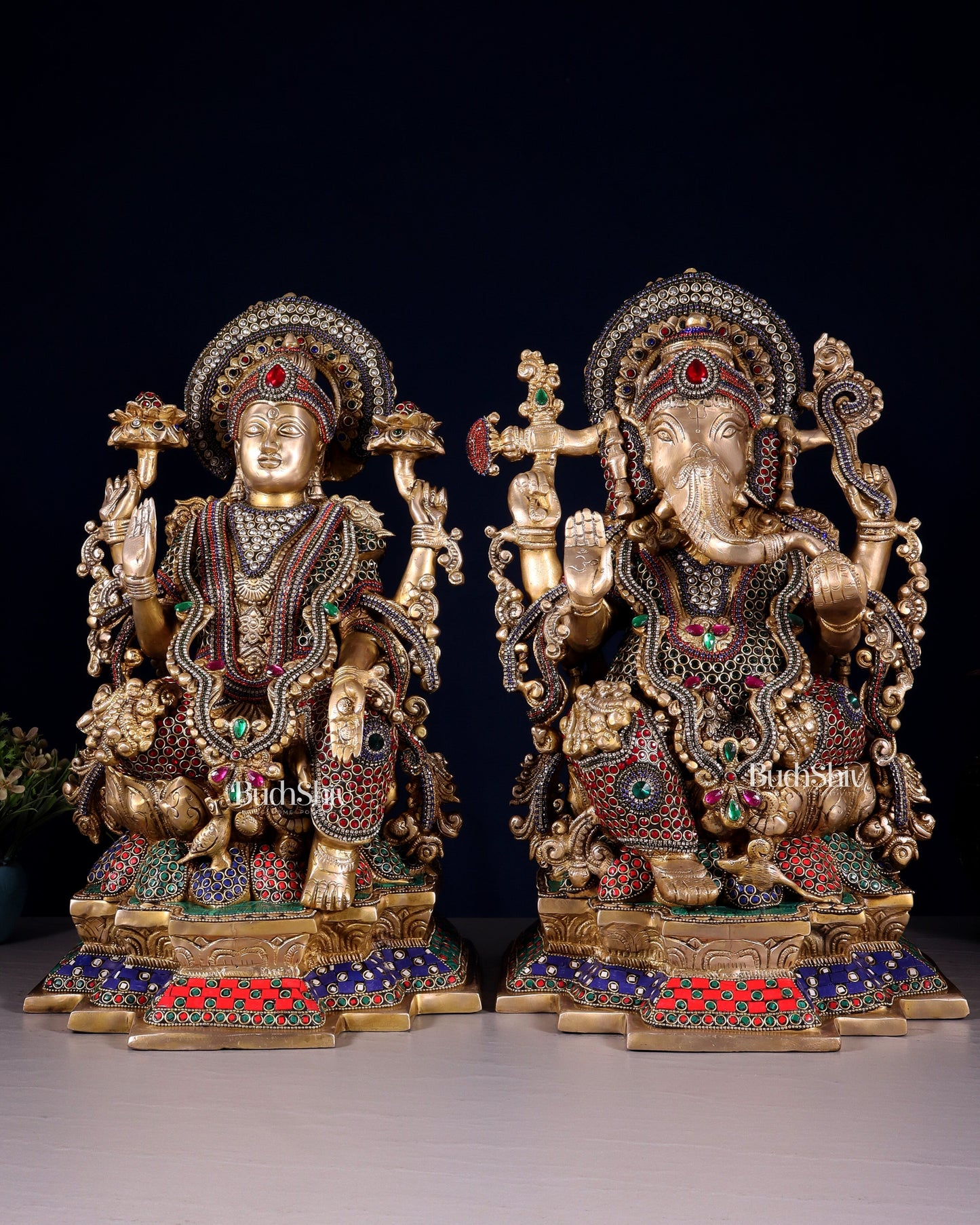 Majestic Pure Brass Ganesha & Lakshmi Idols – 18" jewellers meenakari - Sama Homes Idol - Brass Sculpture