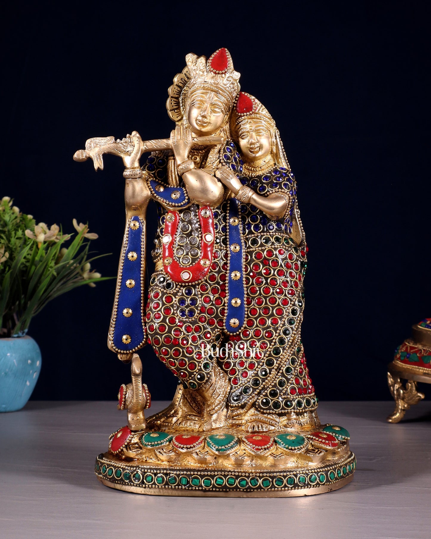 Pure Brass Radha Krishna Idol with Jewels Stonework 10.5" - Sama Homes Idol - Brass Sculpture