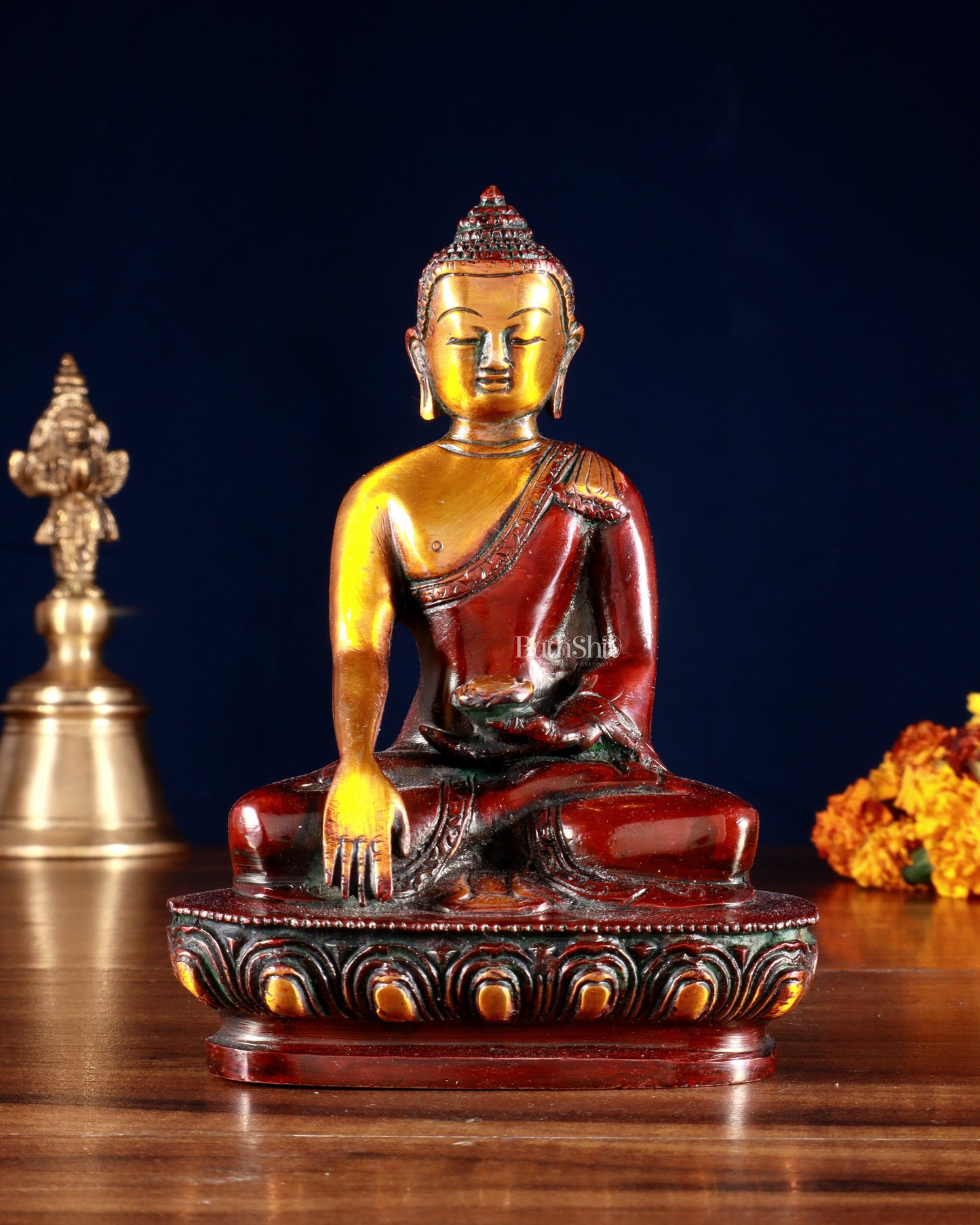Pure Brass Buddha Bhumisparsha Nirvana Mudra Idol 5.5" - Sama Homes Idol - Brass Sculpture