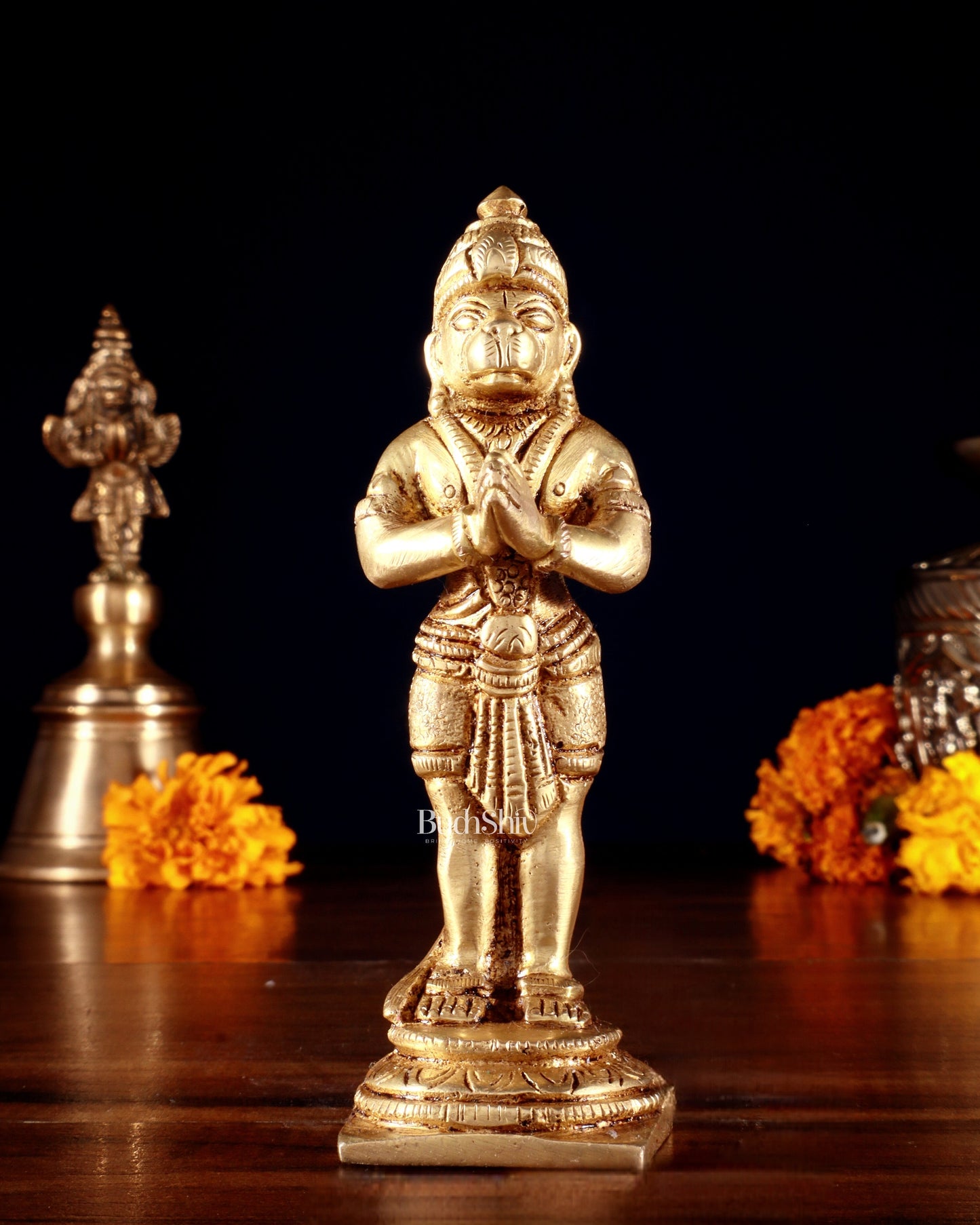 Brass Standing Hanuman Ji in Anjali Mudra – Small 4.7" | 100% Certified Copper & Brass - Sama Homes Idol - Brass Sculpture
