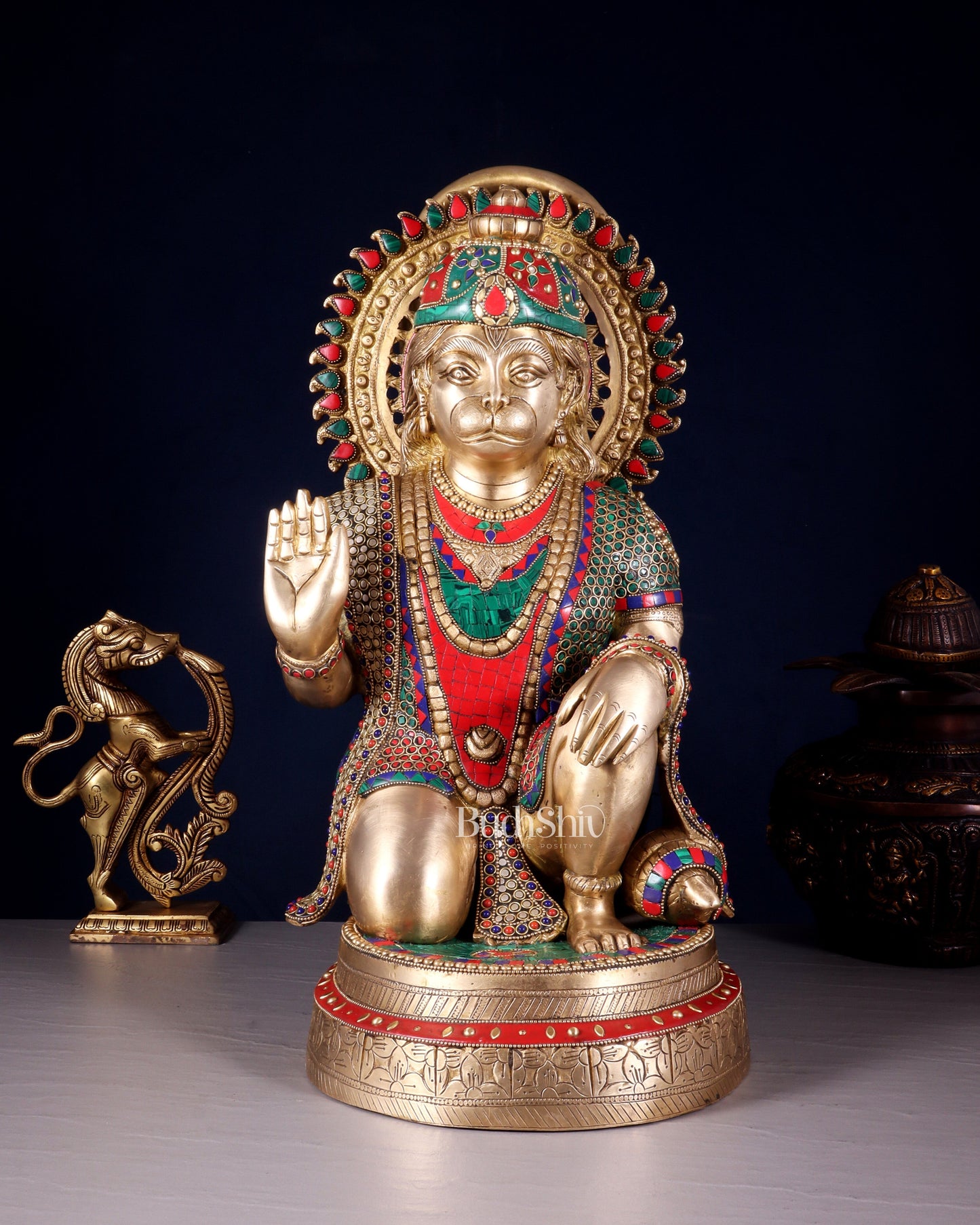 Brass lord Hanuman Statue with Stonework - 20" | 100% Certified Copper & Brass - Sama Homes Idol - Brass Sculpture