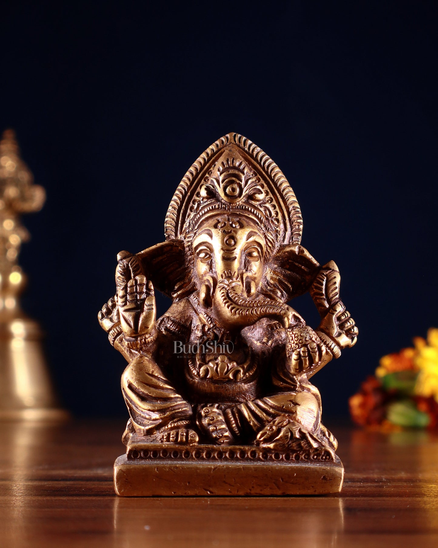 Brass Miniature Ganesha Idol 3.5" antique tone | 100% Certified Copper & Brass - Sama Homes Idol - Brass Sculpture