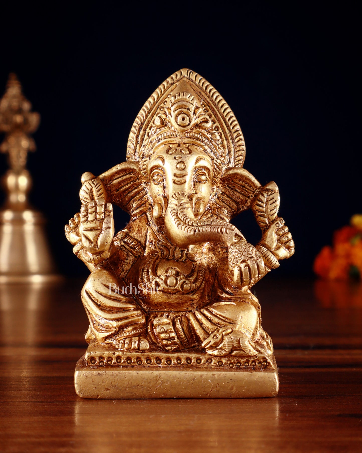Brass Miniature Ganesha Idol 3.5" | 100% Certified Copper & Brass - Sama Homes Idol - Brass Sculpture