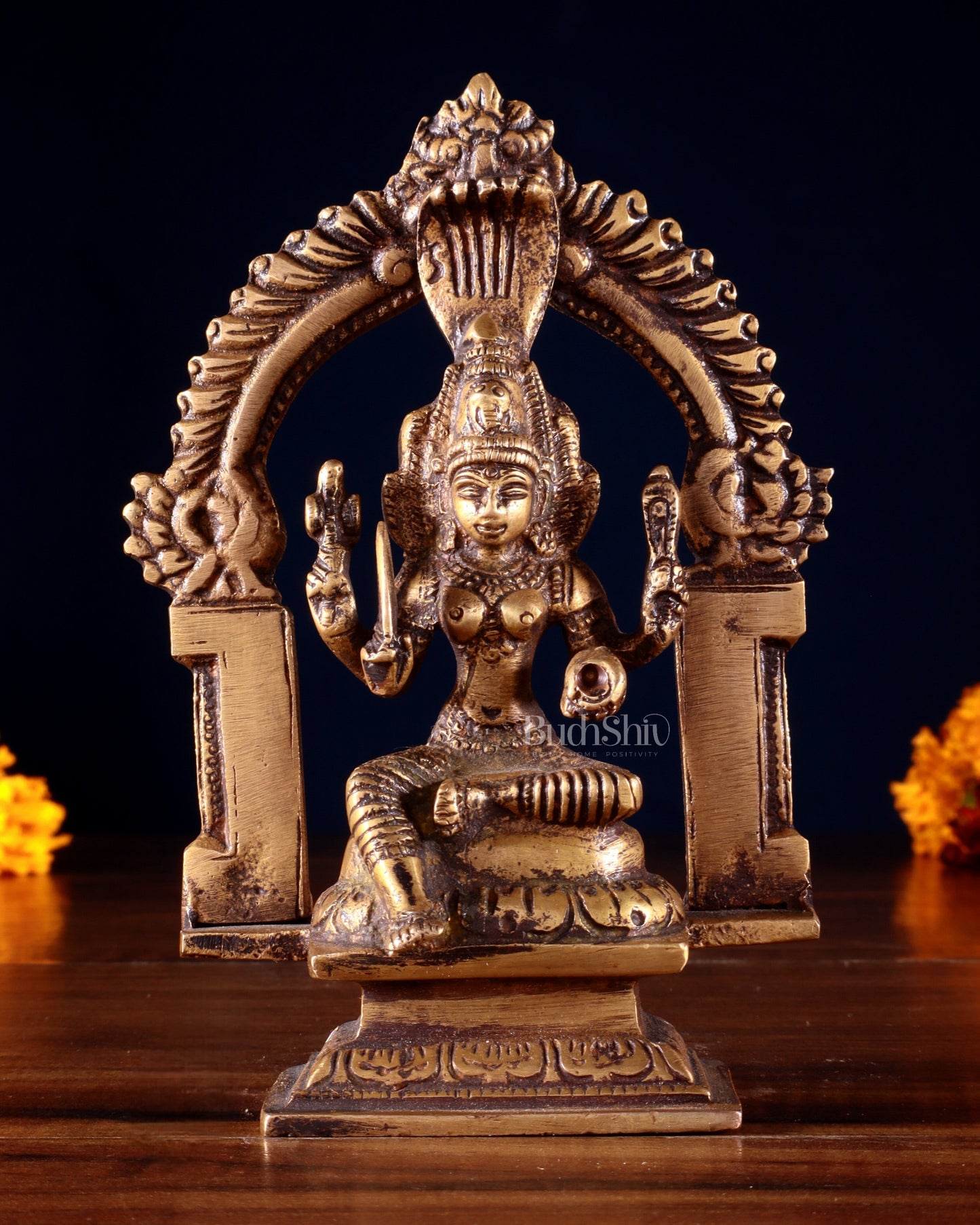 Pure Brass Antique tone Goddess Mariamman Idol with Prabhavali (Small Size) 5" - Sama Homes Idol - Brass Sculpture