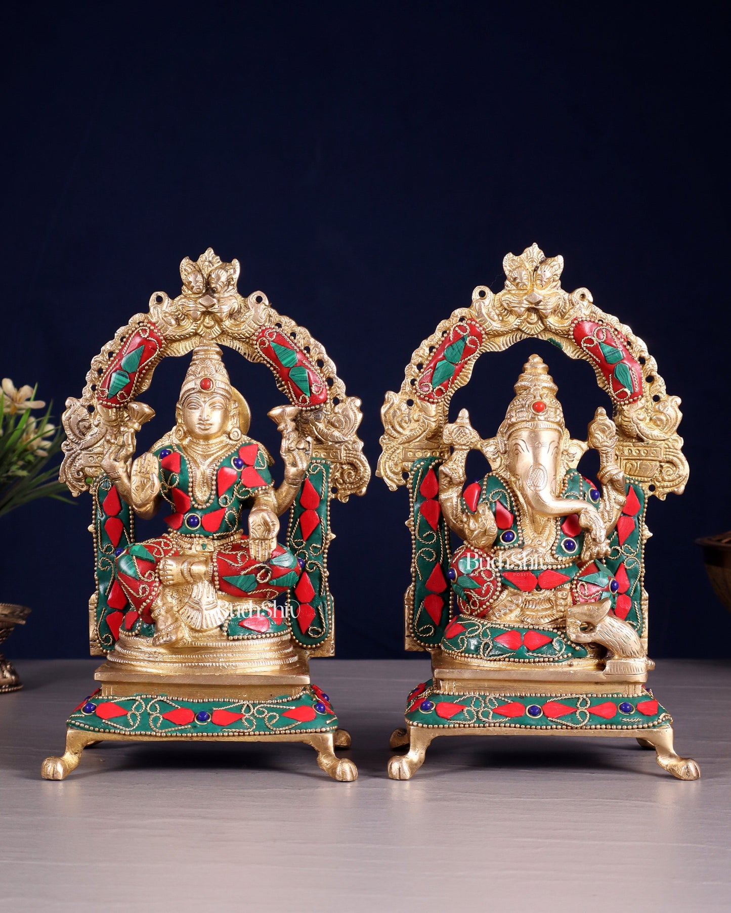 Pure Brass Ganesha Lakshmi Idol Set | floral Stonework 8" - Sama Homes Idol - Brass Sculpture