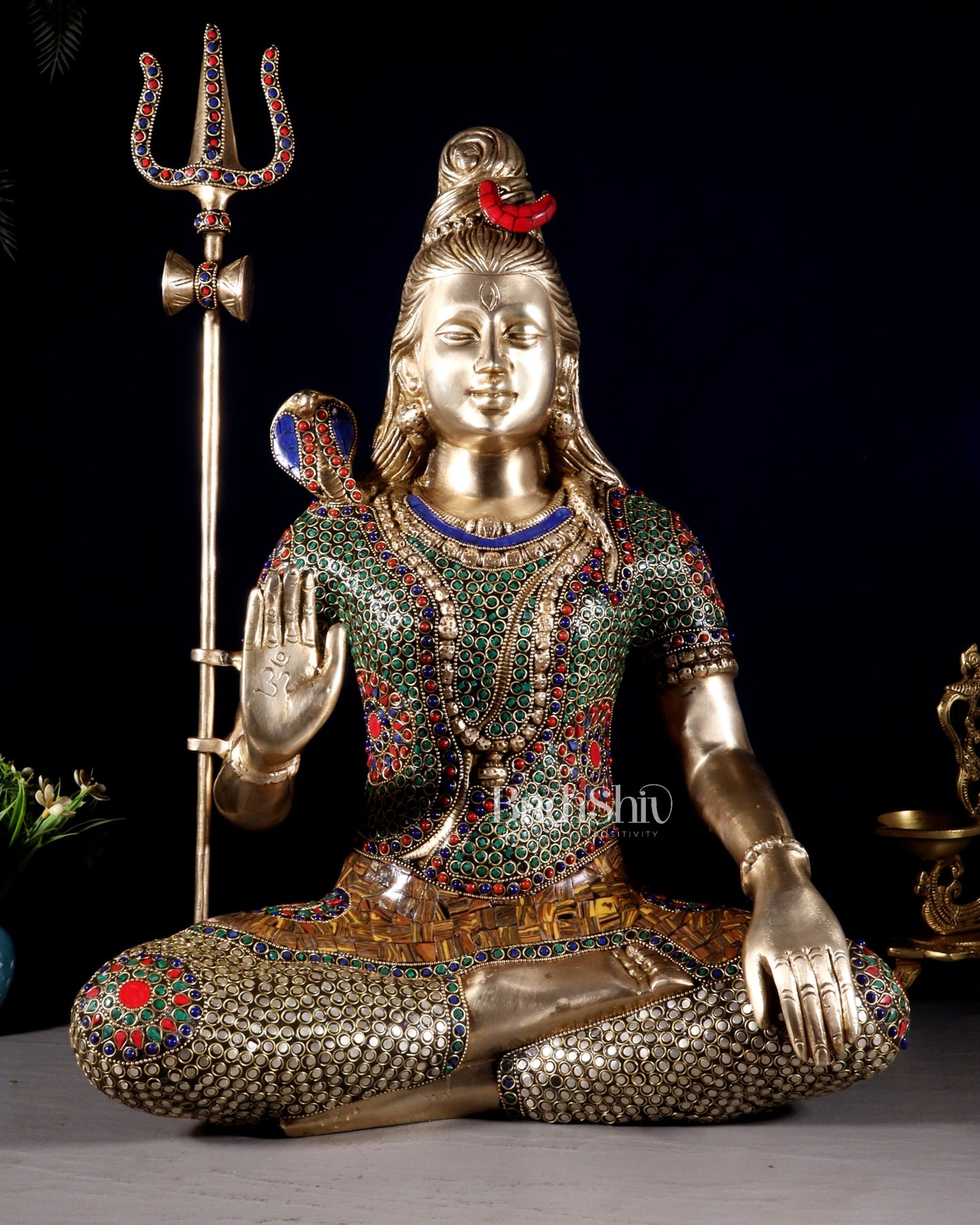 Lord Shiva Brass Idol 20 inch with stonework - Sama Homes Idol - Brass Sculpture