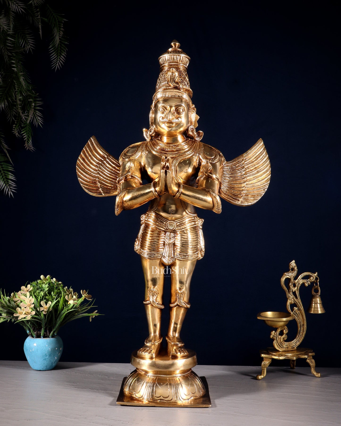 Brass Standing Garuda Dev Statue - Golden Finish, 22" Tall, 11 kg | 100% Certified Copper & Brass - Sama Homes Idol - Brass Sculpture