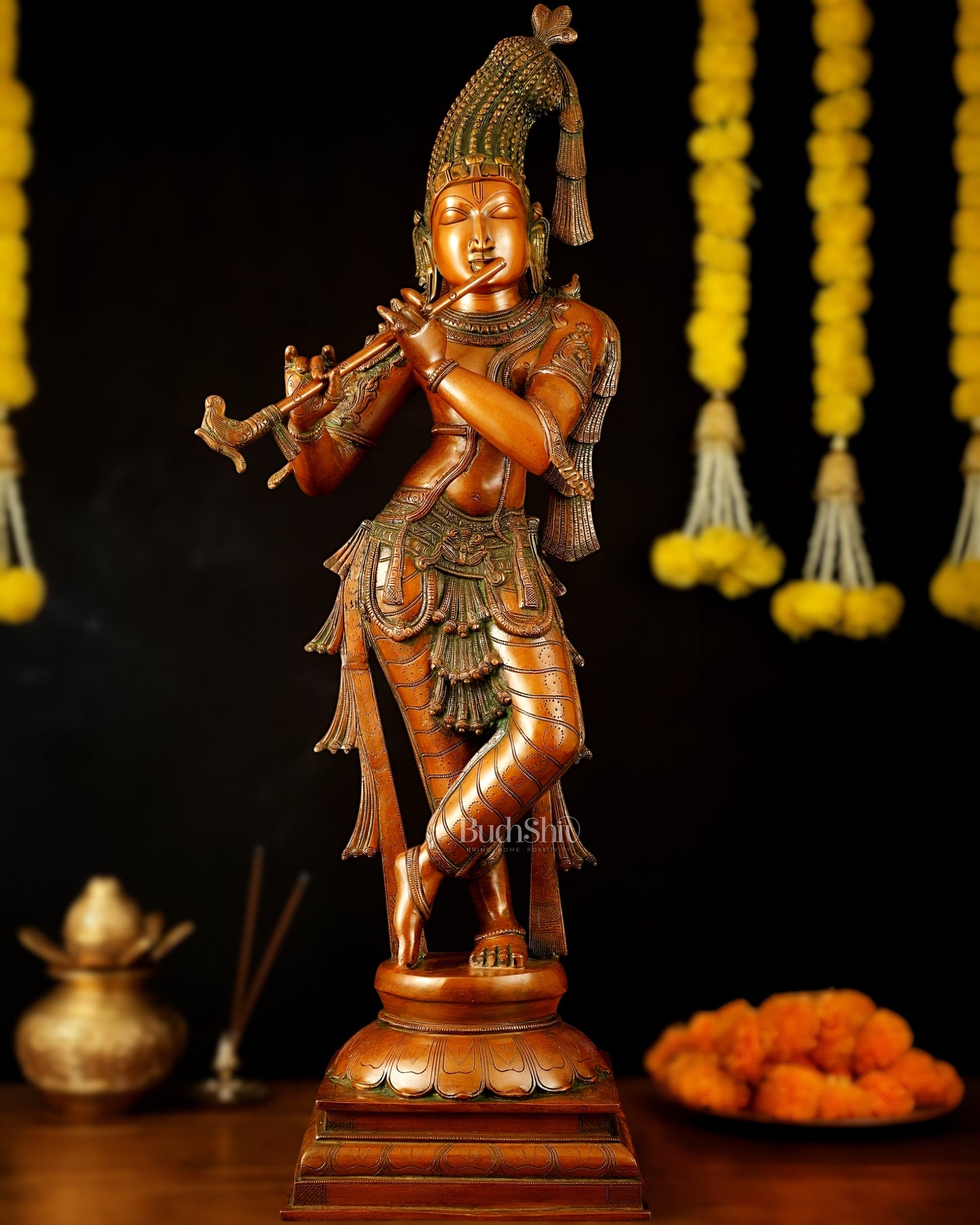 Brass Krishna kerala style Idol 36" | 100% Certified Copper & Brass - Sama Homes Idol - Brass Sculpture