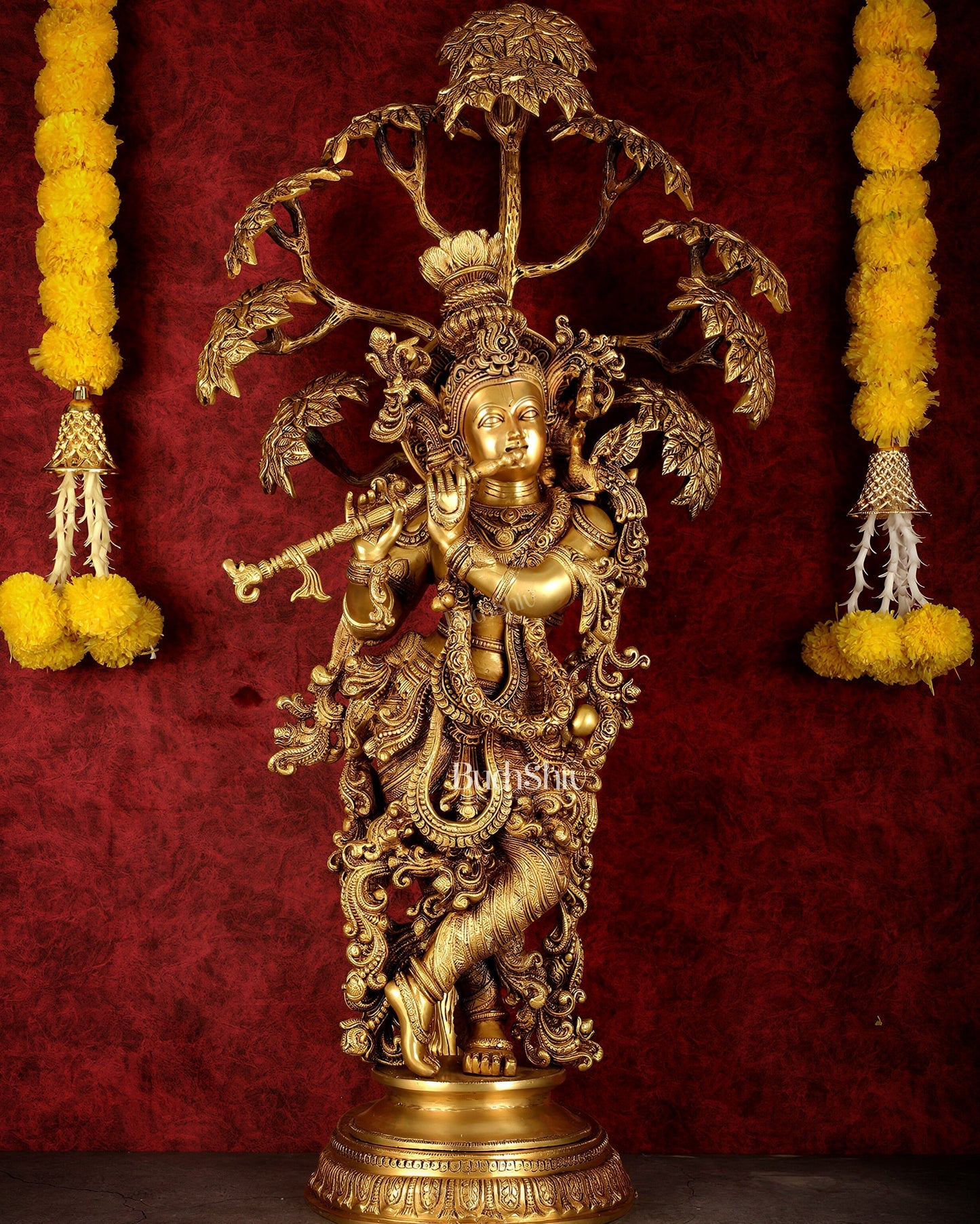 Brass Superfine Krishna under tree statue 35" - Sama Homes Idol - Brass Sculpture