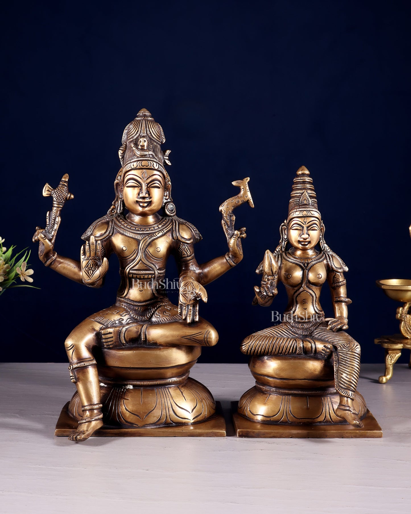 Brass Majestic Seated Lord Shiva and Parvati Idols | 11.5 Inch | 100% Certified Copper & Brass - Sama Homes Idol - Brass Sculpture