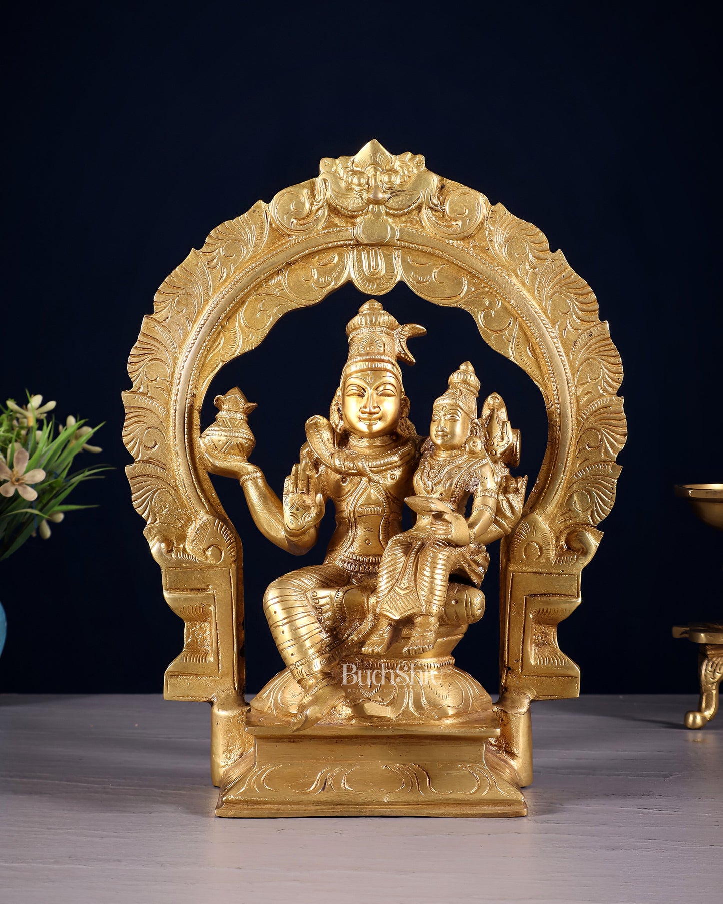 Brass Shiva Parvati Idol with Frame | 10 inch | 100% Certified Copper & Brass - Sama Homes Idol - Brass Sculpture