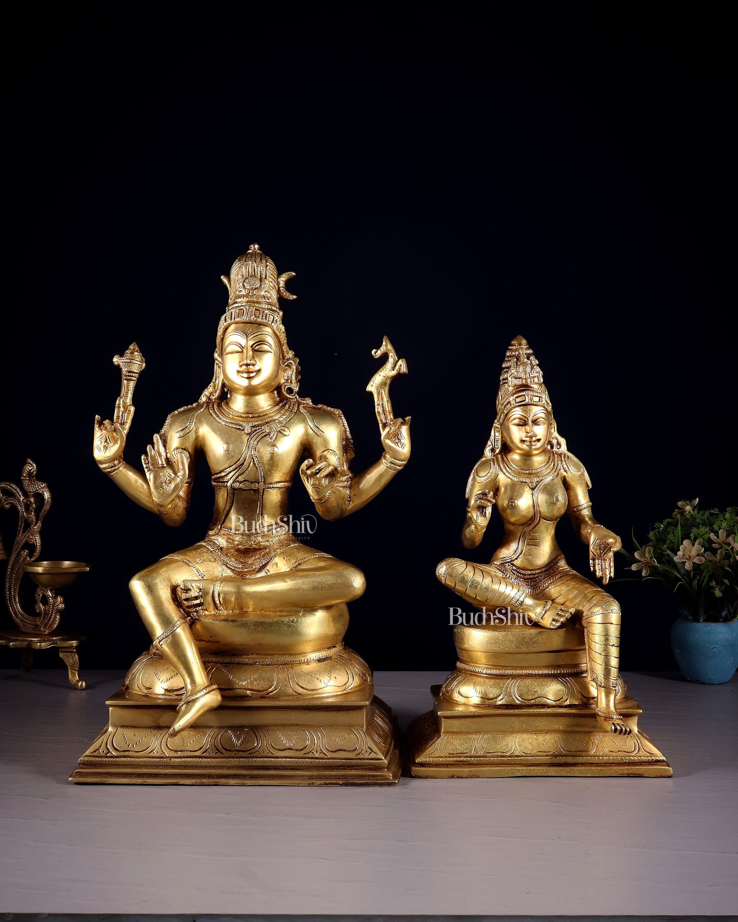 Brass Lord Shiva and Parvati Seated Idols 14.5" | 100% Certified Copper & Brass - Sama Homes Idol - Brass Sculpture