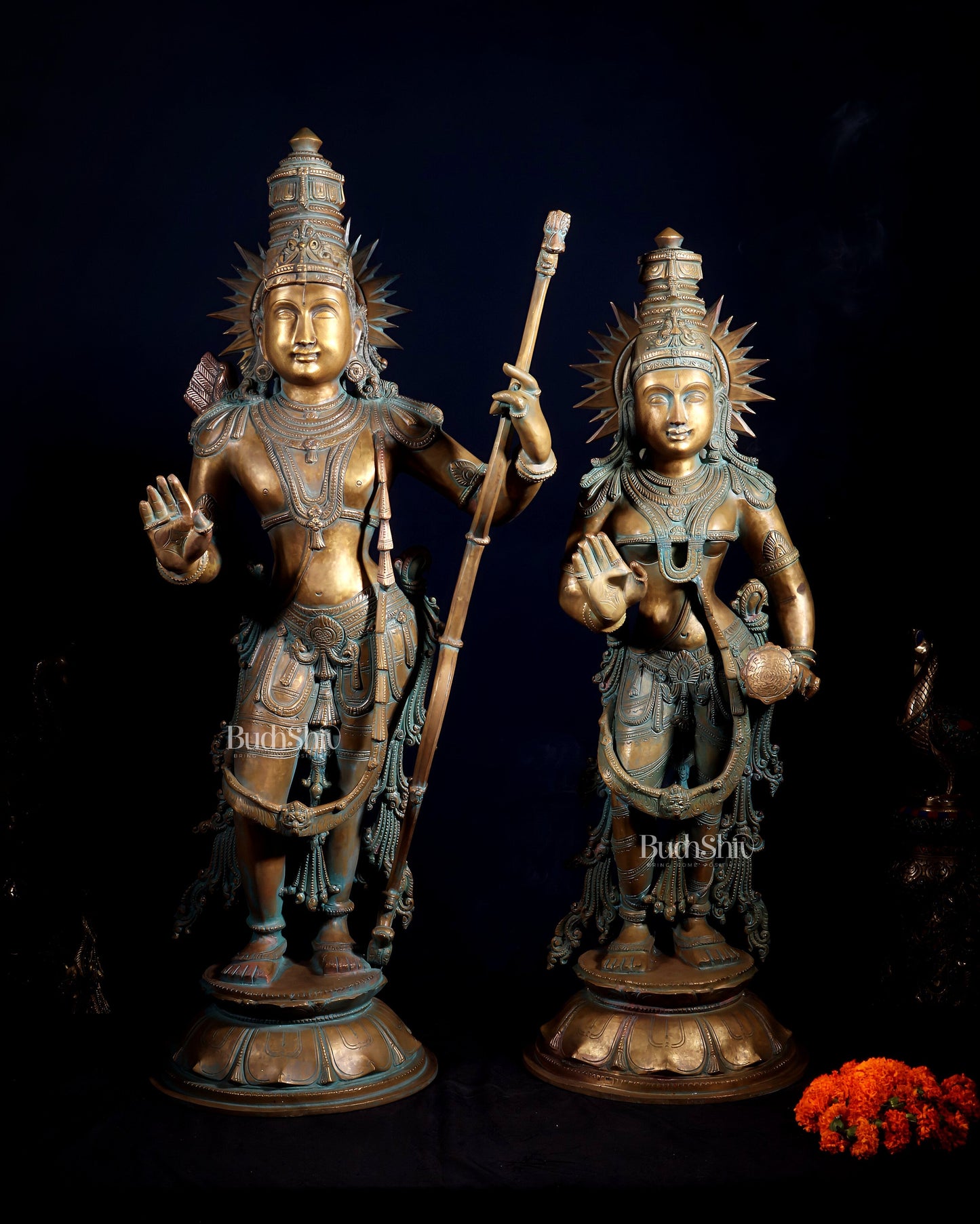 Pure Bronze Ram Sita Statues – Chola Patina Finish 31" - Sama Homes Idol - Brass Sculpture