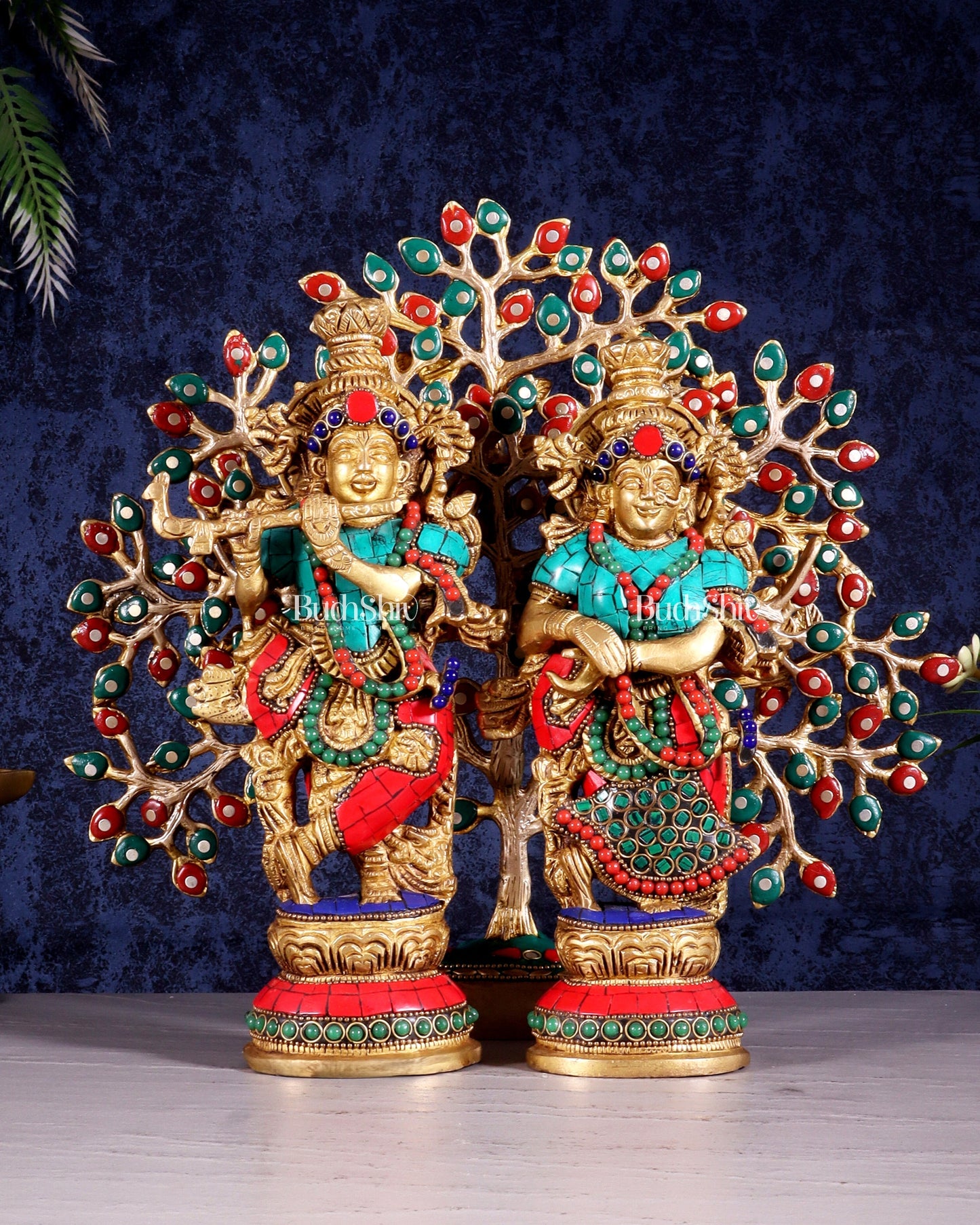Divine Radha Krishna with Kalpavriksha Tree – Brass Set with Meenakari Stonework 11" - Sama Homes Idol - Brass Sculpture