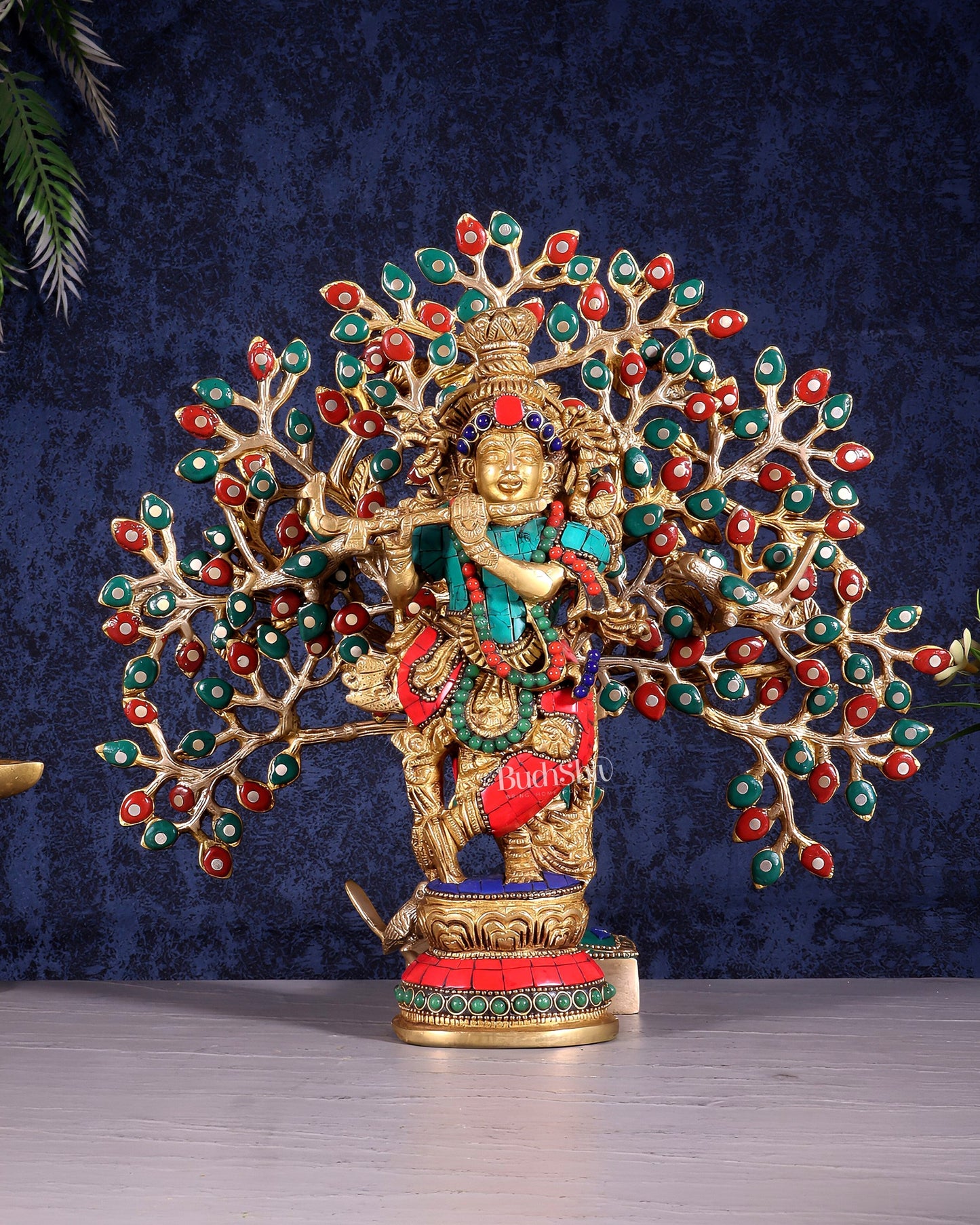 Pure Brass Lord Krishna with Kalpavriksha Tree Set – Meenakari Stonework 11" - Sama Homes Idol - Brass Sculpture