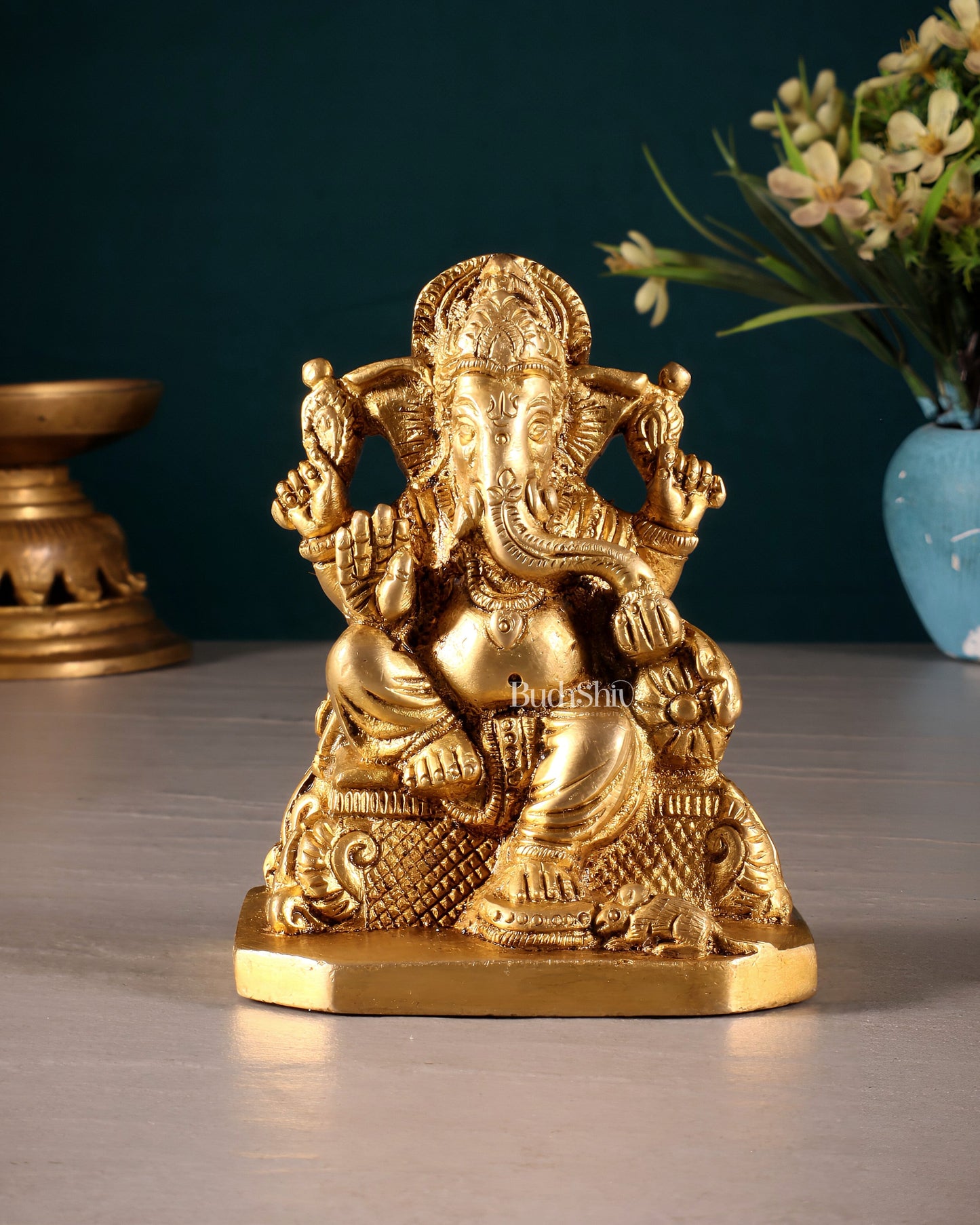 Pure Brass Lord Ganesha on Throne Statue – 5" Small Size for Pooja Room or Gifting - Sama Homes Idol - Brass Sculpture