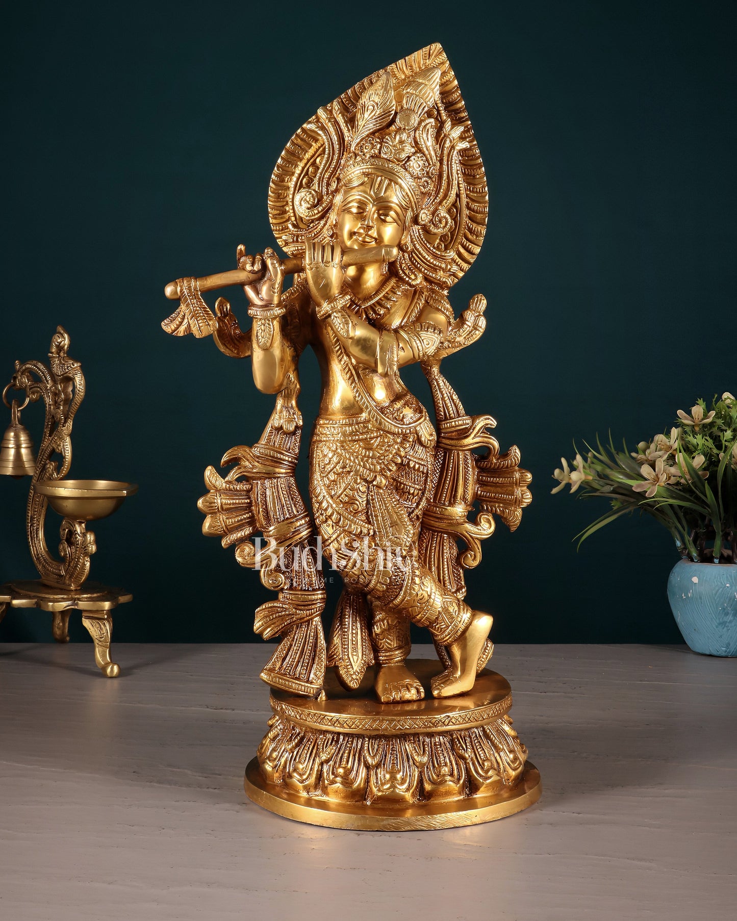 Pure Brass Lord Krishna Divine Idol – 12.5 Inch - Sama Homes Idol - Brass Sculpture