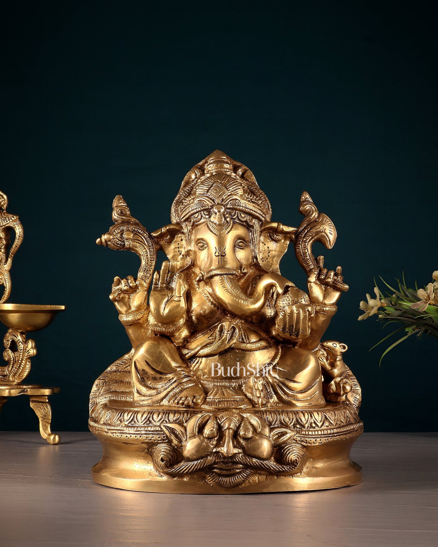 Pure Brass Unique Lord Ganesha Idol with Kirtimukha Engraved Base – 8 Inch - Sama Homes Idol - Brass Sculpture