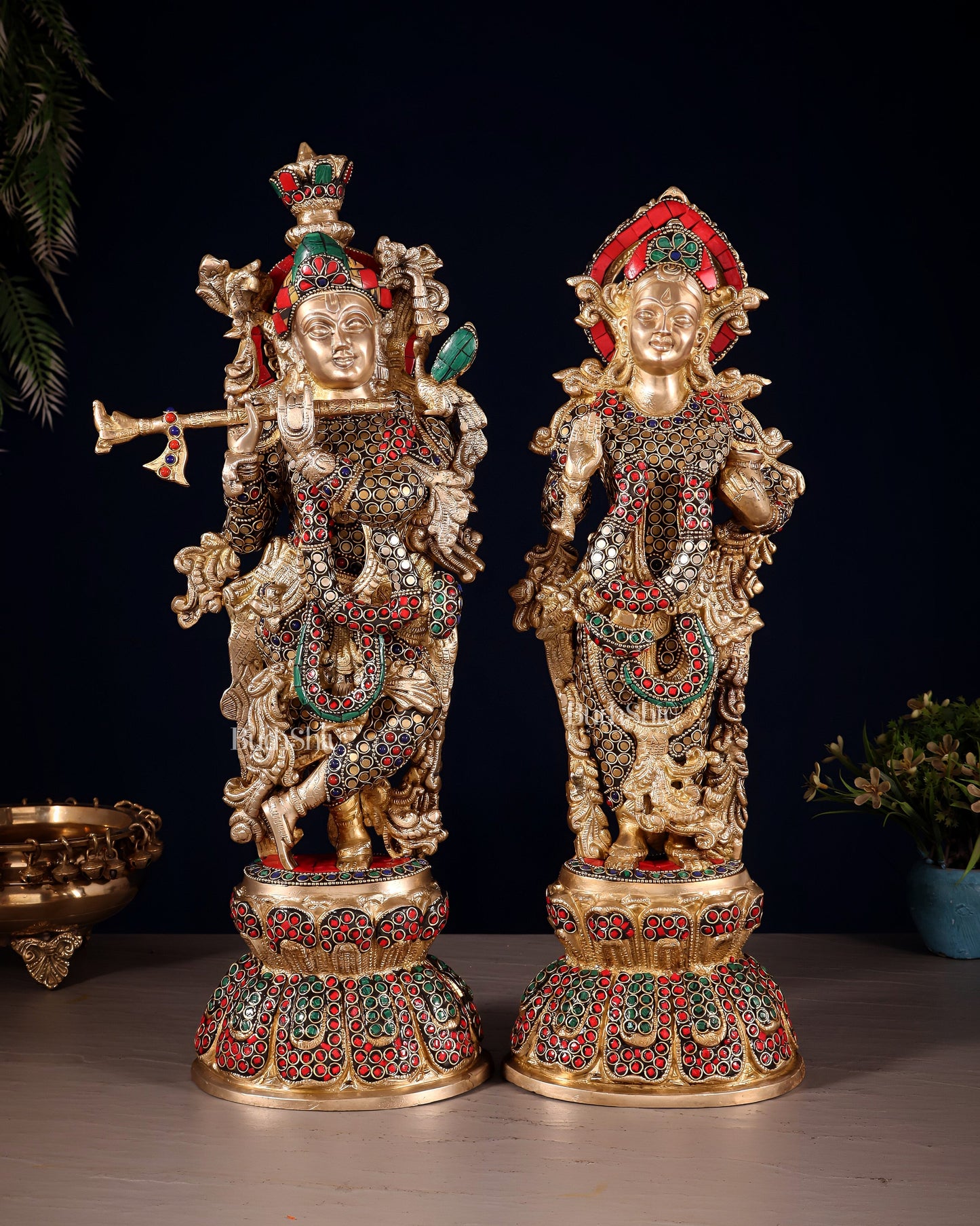Radha Krishna Brass idols 18 inch with ring stonework - Sama Homes Idol - Brass Sculpture