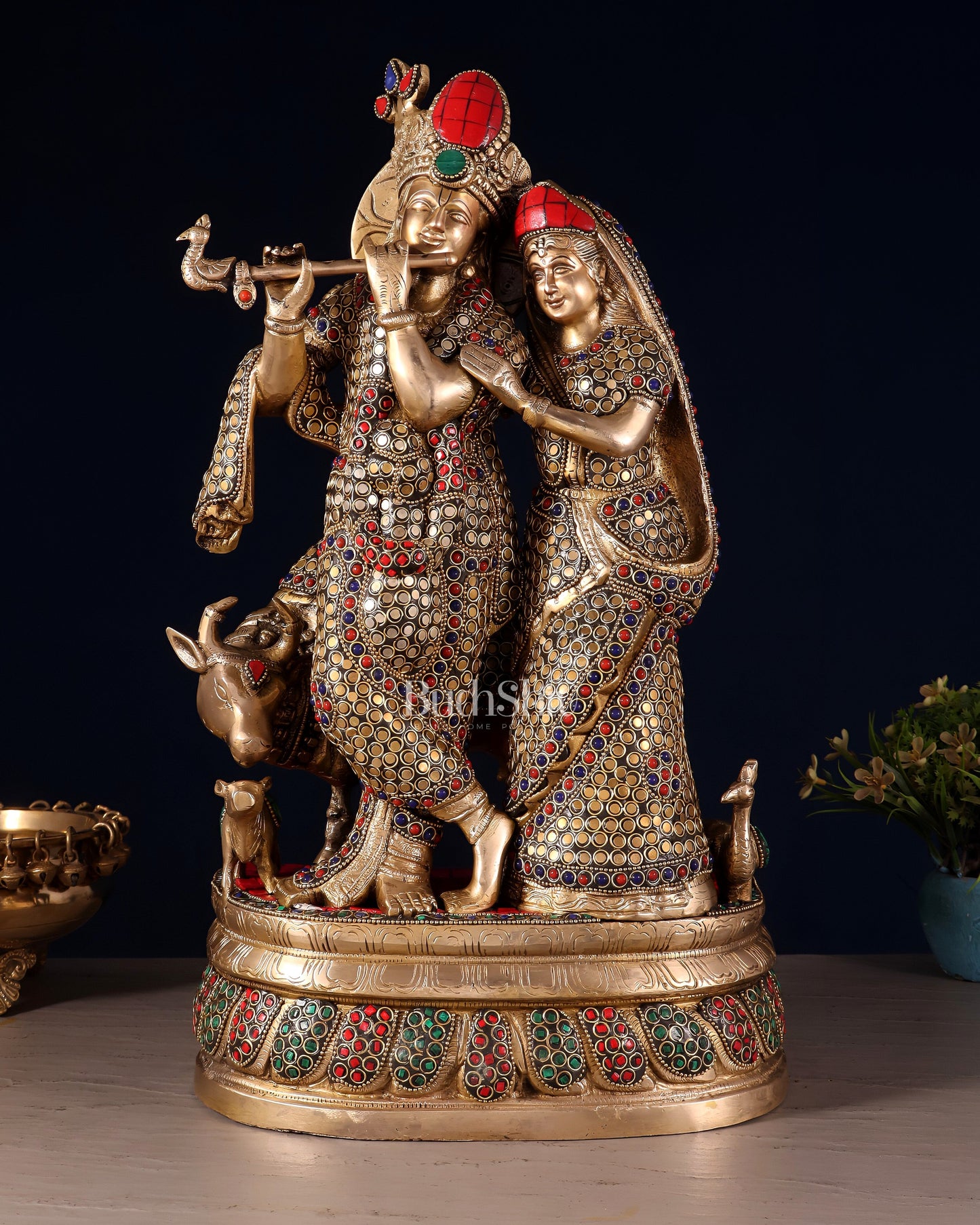 Brass Radha Krishna with Cow, Calf, and Peacock Idol 18 inch | 100% Certified Copper & Brass - Sama Homes Idol - Brass Sculpture