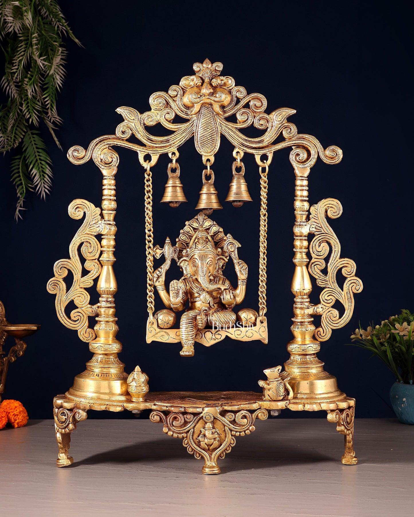 Handcrafted Ganesha on a Swing idol - Superfine Brass, 20" - Sama Homes Idol - Brass Sculpture