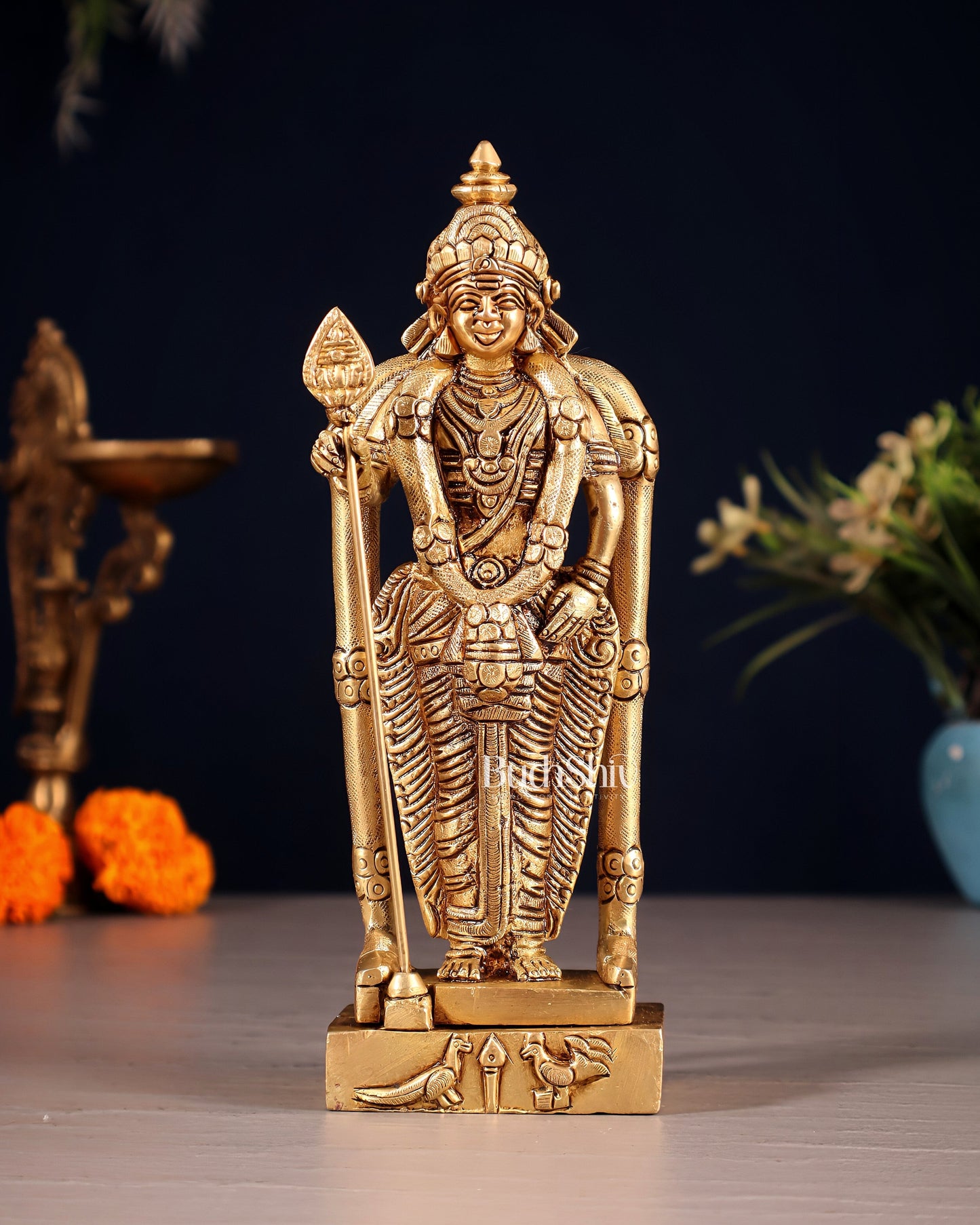 Pure Brass Murugan Swamy Kartikeya Idol – 7" Superfine Carvings - Sama Homes Idol - Brass Sculpture