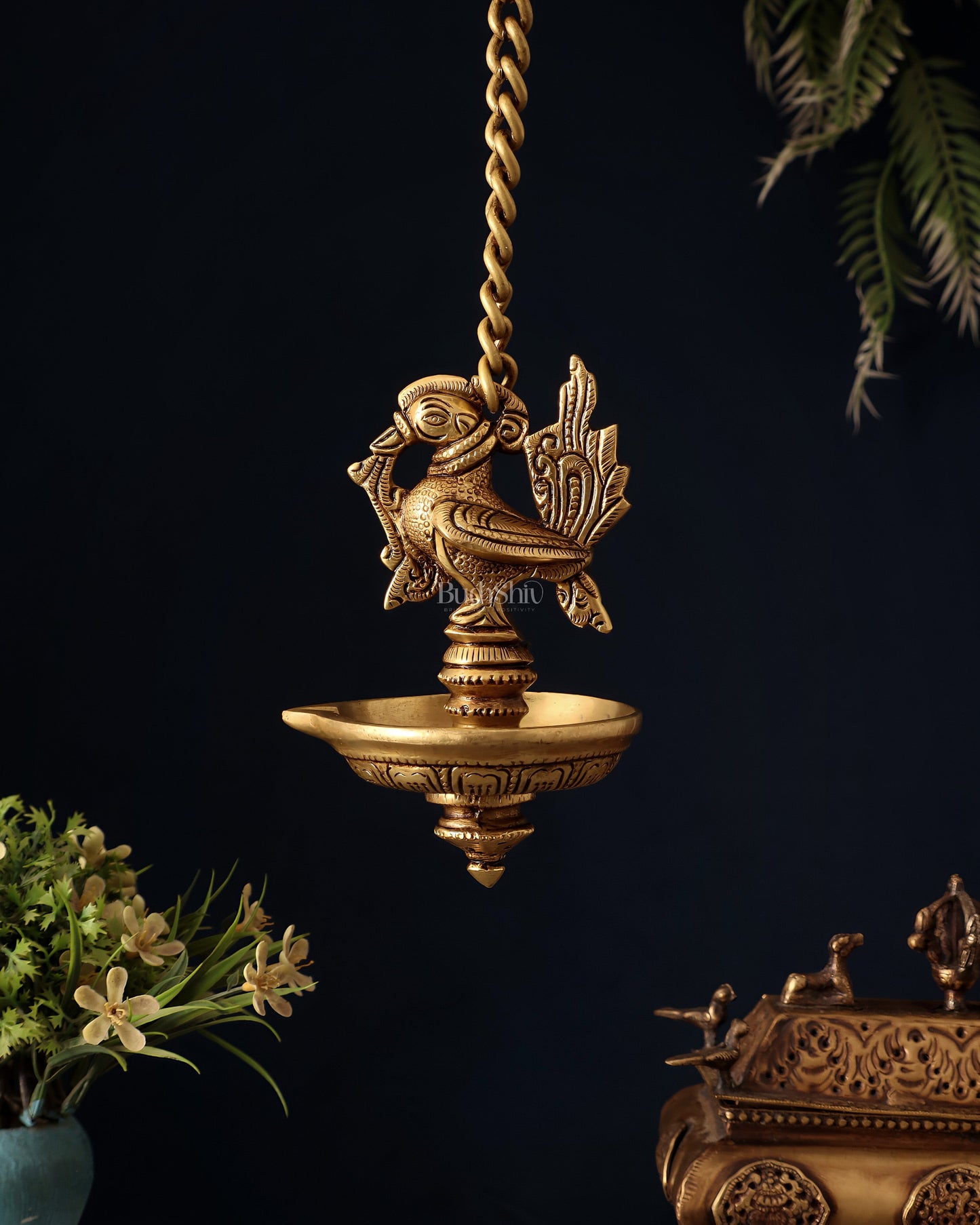 Pure Brass Hanging Annam Diya – Single Wick 18" – Sama Homes