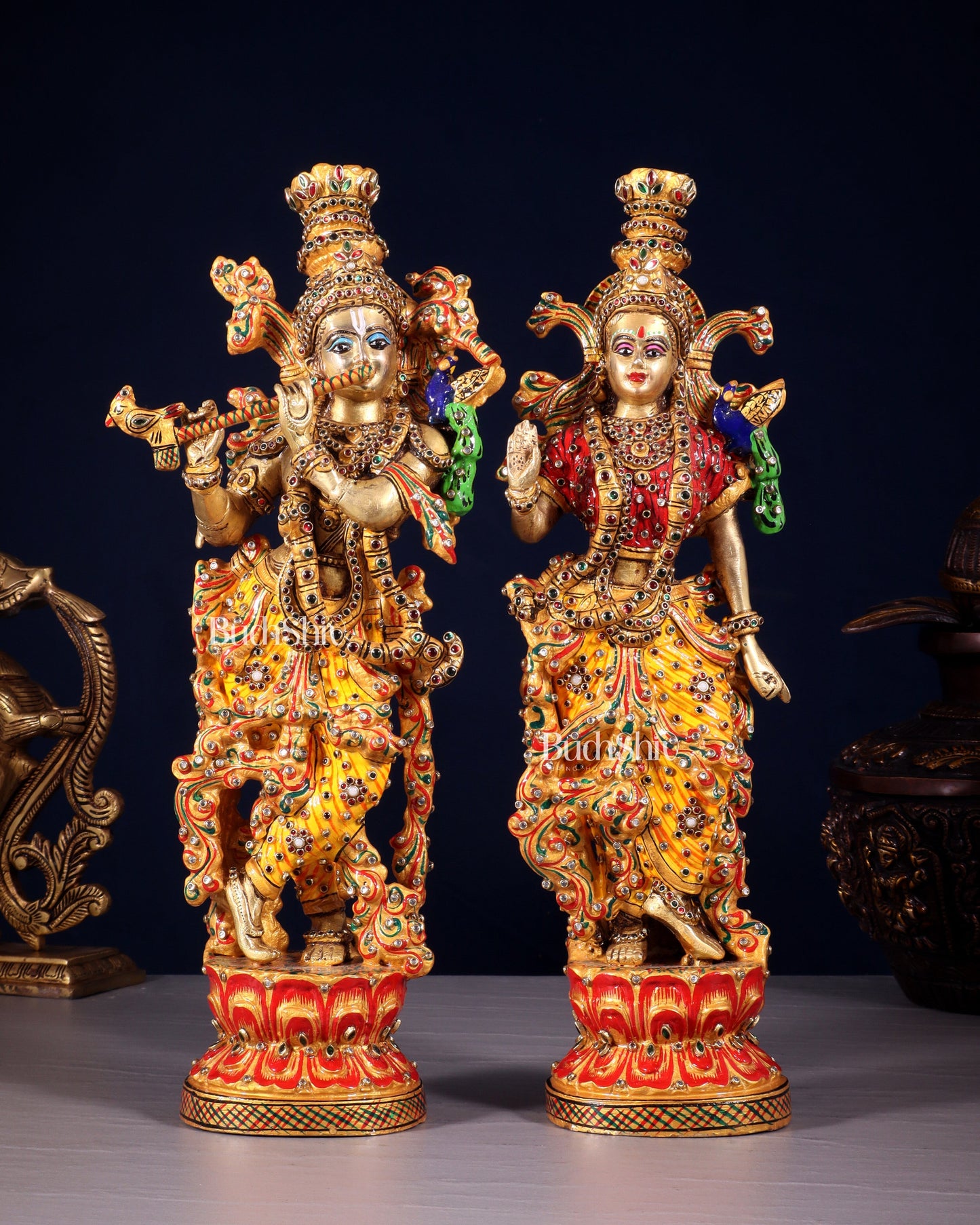 Unique Radha Krishna Brass Idol Pair with Meenakari Laakh Work 14" - Sama Homes Idol - Brass Sculpture