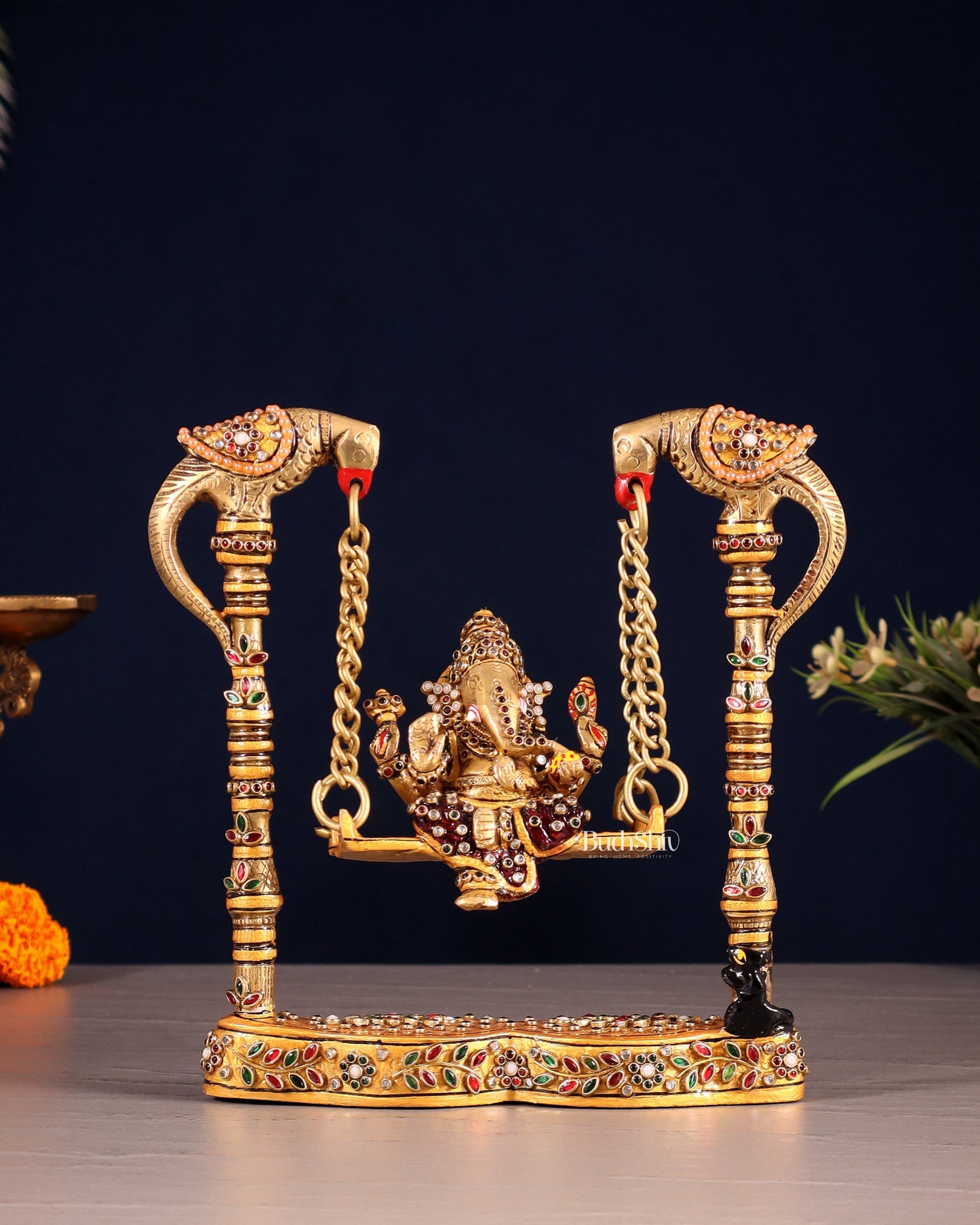 Pure Brass Lord Ganesha on Twin Parrot Swing with Laakh Meenakari 8" - Sama Homes Idol - Brass Sculpture