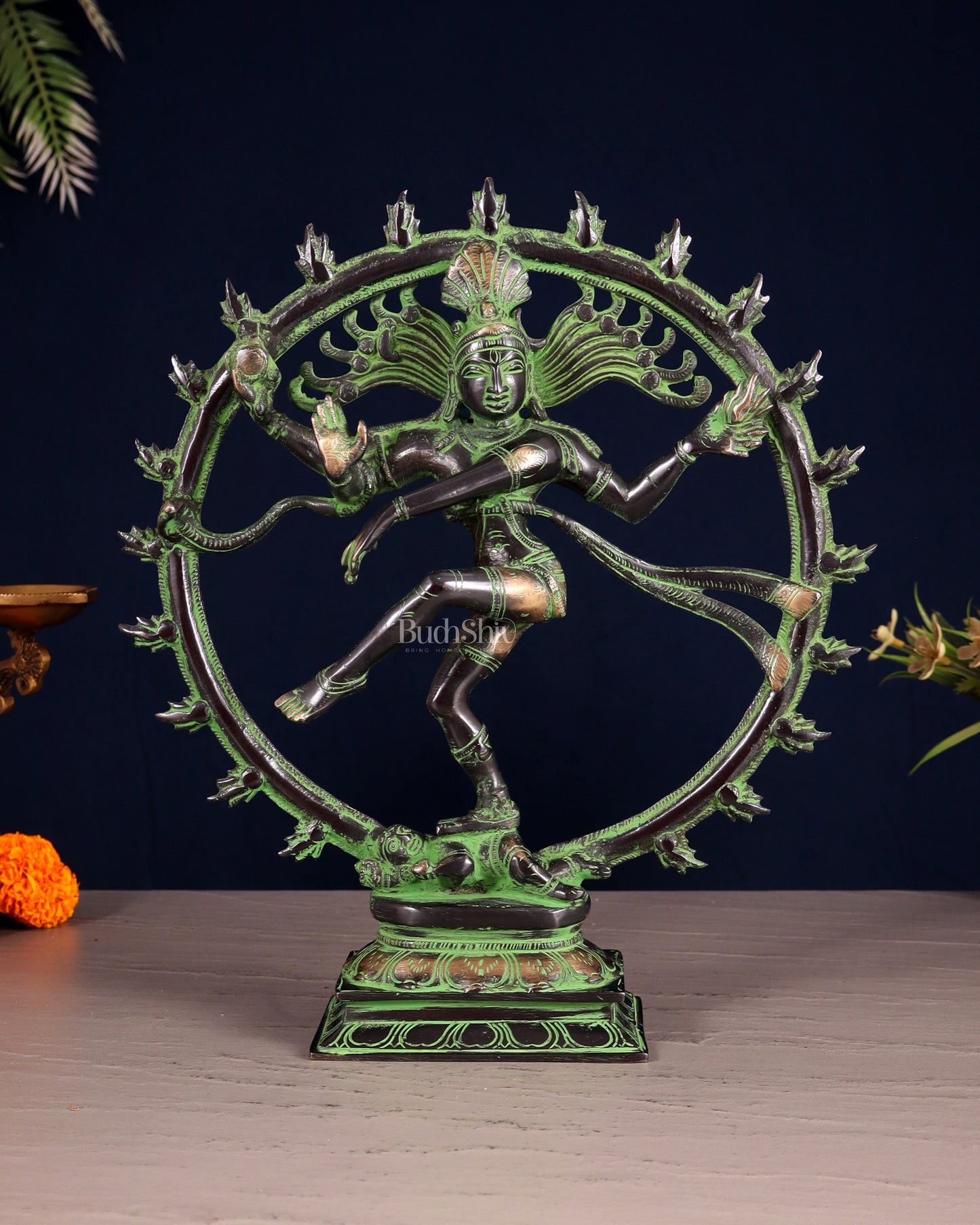Vintage Nataraja Brass Statue – Black & Green Tone | 11.5" - Sama Homes Idol - Brass Sculpture